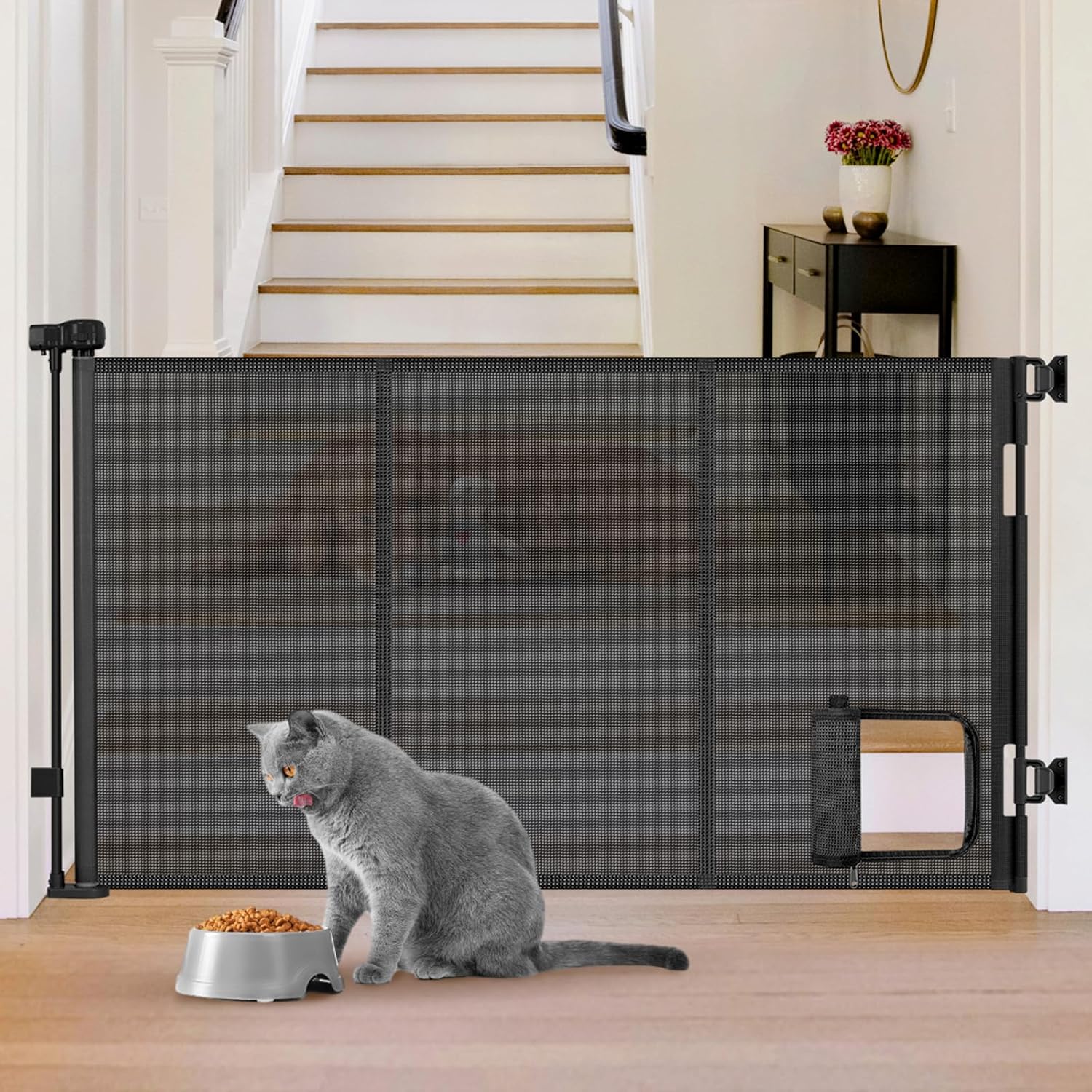 Reinforced 60” Wide Retractable Baby Gate with Cat Door 33” Tall Retractable Pet Gates with Reinforced Strips Mesh Dog Gate with Cat Door Mesh Gates for Kids or Pets Cats Can in and Out Freely,Black Black Reinforced 33" X 60"?With Cat Door?