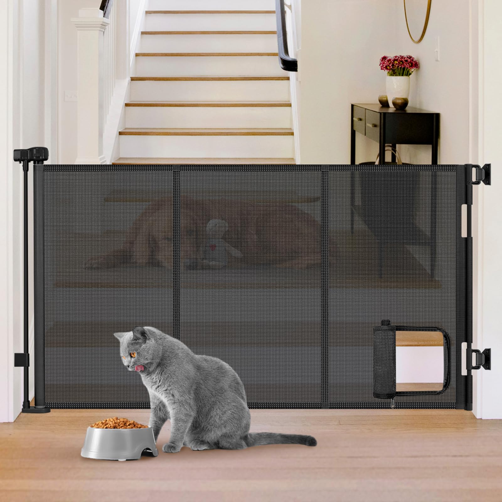 Reinforced 60” Wide Retractable Baby Gate with Cat Door 33” Tall Retractable Pet Gates with Reinforced Strips Mesh Dog Gate with Cat Door Mesh Gates for Kids or Pets Cats Can in and Out Freely,Black