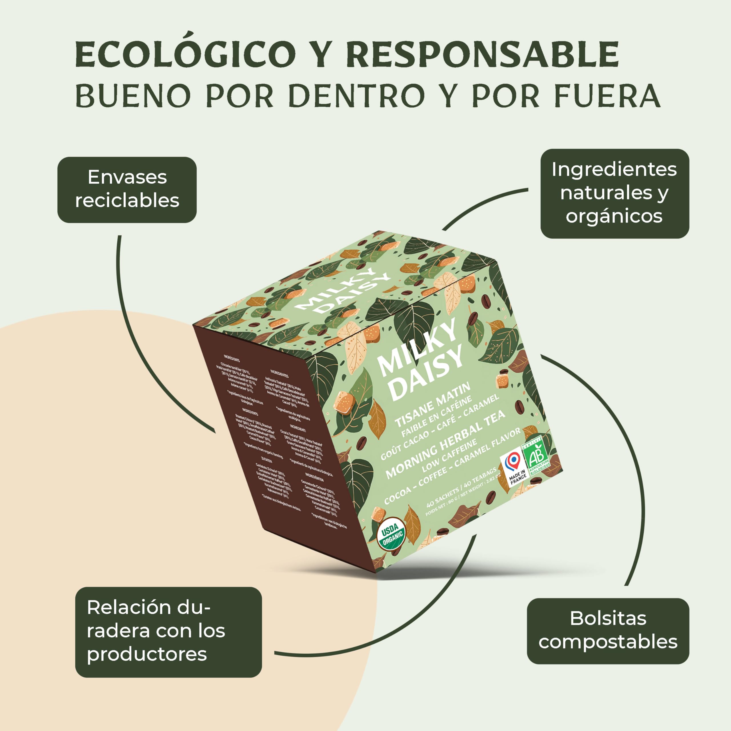 Milky Daisy Té Matutino Orgánico Sustituto del Café Sabor Cacao Café Caramelo Energizante Bajo en Cafeína 40 Bolsitas
