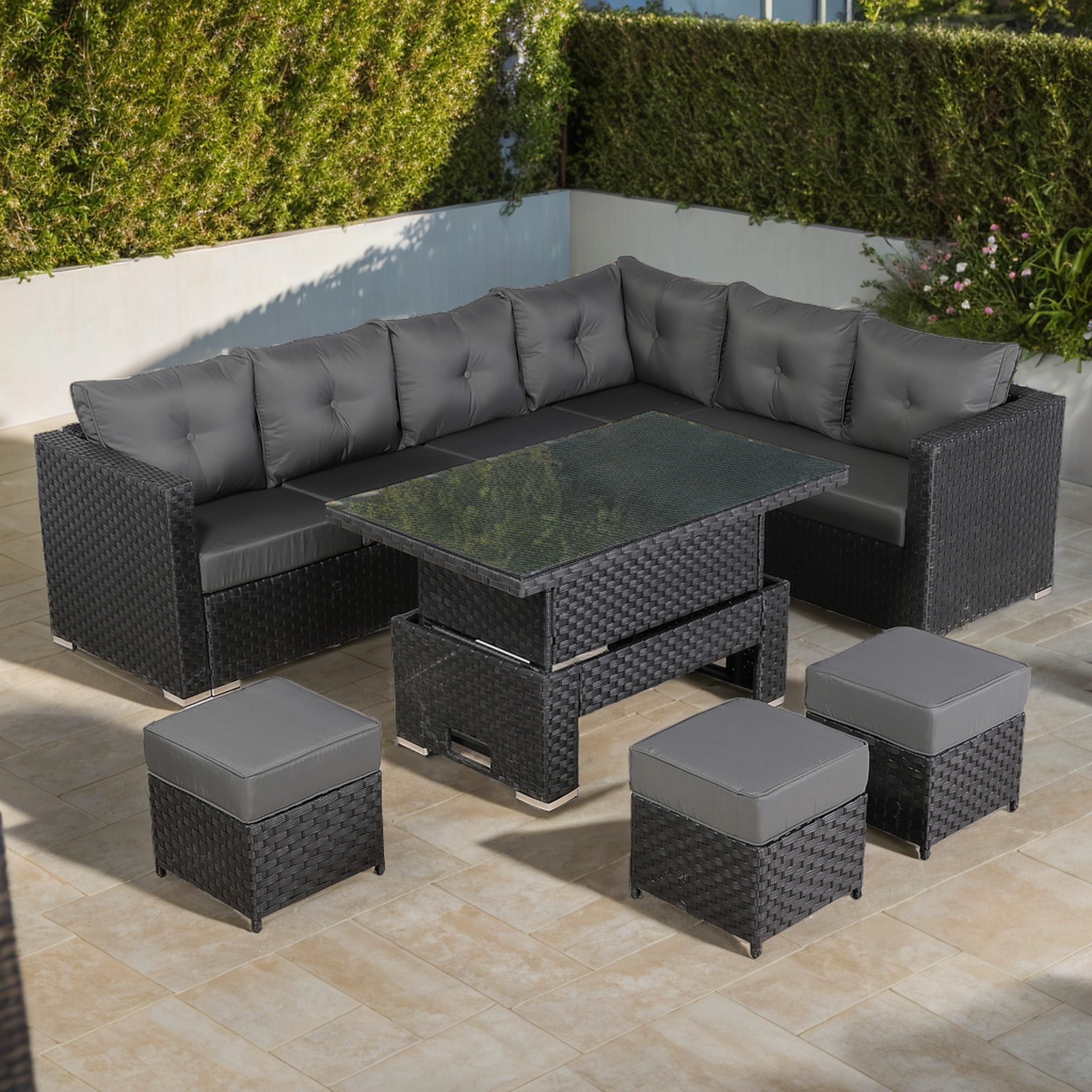 SPRING GARDEN FURNITURE Rattan Garden Furniture Newick Range Modular Corner Sofa With Rising Table And 3 Footstools In Black Weave(CS06)