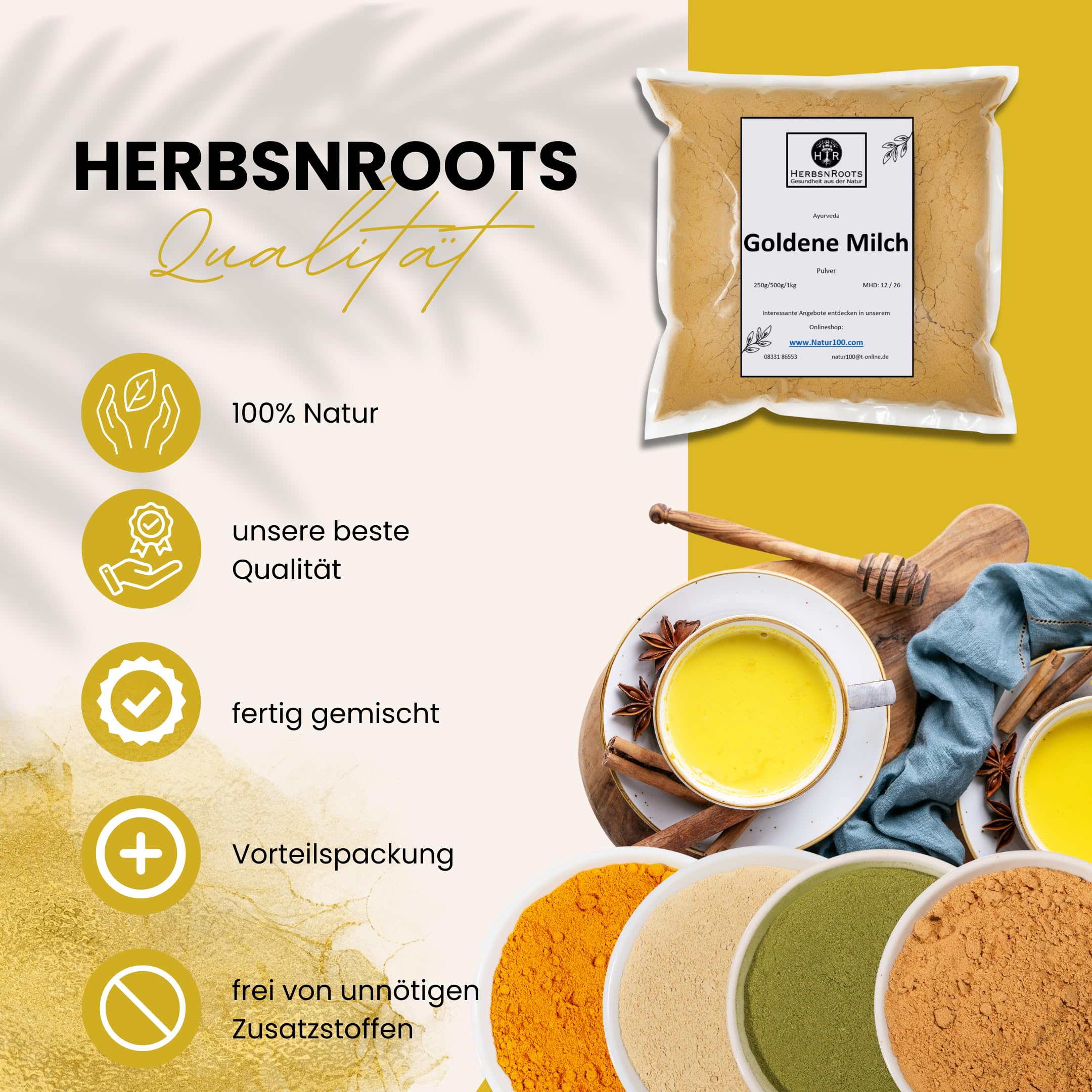 Goldene Milch Pulver 550g • Kurkuma Latte • Ayurveda Golden Milk Pulver mit Kurkuma, Ashwagandha, Hagebutte, Gerstengras • Erste Wahl • Naturprodukt • Ohne Zusätze • HerbsnRoots