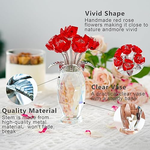 Miniatura 2 de Pisapapeles de rosas de cristal rojo con base, ramo de flores de cristal, regalos para mujeres, novia, esposa, flores de cristal hechas a mano,
