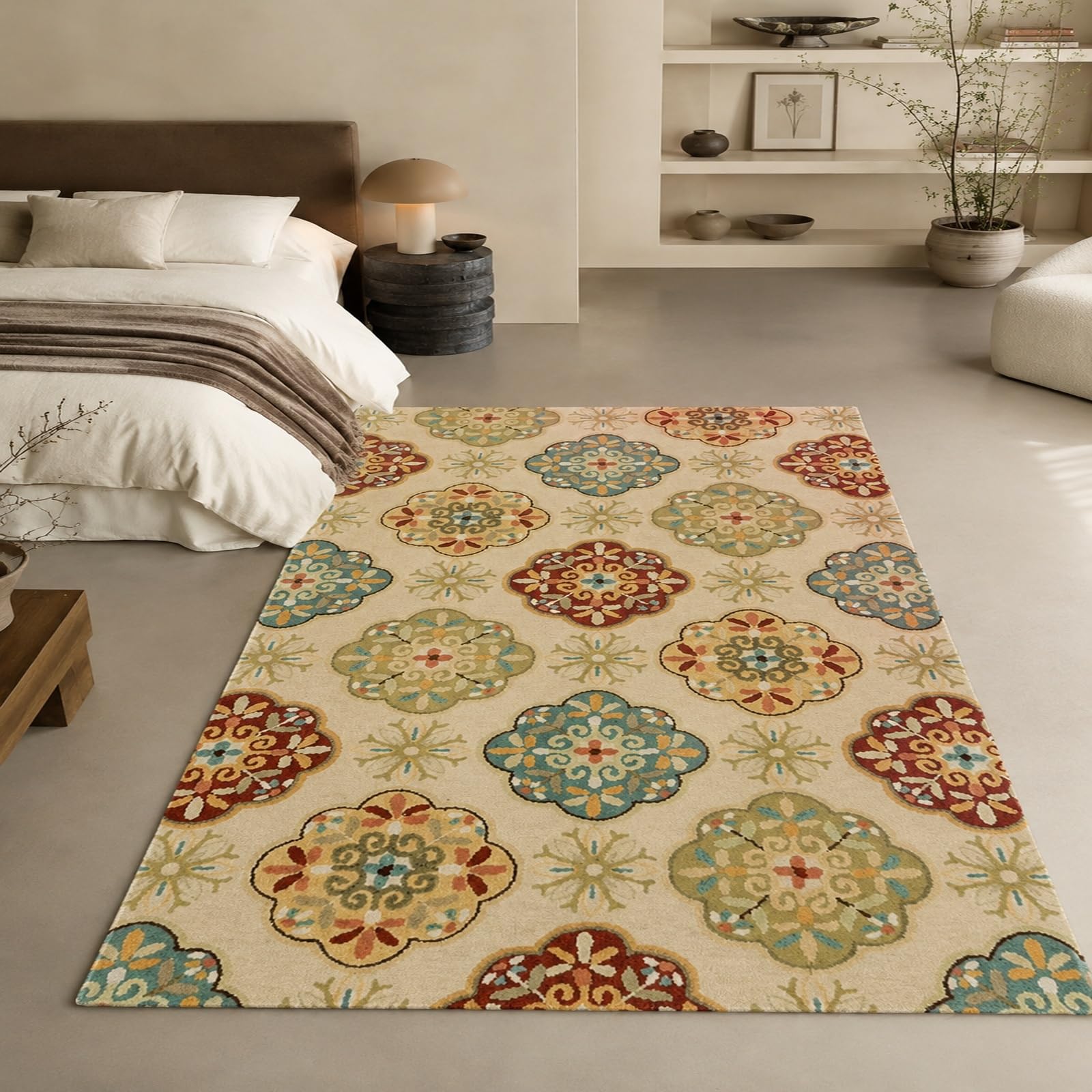 Tappeti quadrati, 180 x 180 cm, Floreale orientale Beige Rosso Blu Giallo Verde, Grande Tappeto quadrato Salotto Soggiorno Camera da letto Aesthetic Room Decor,
