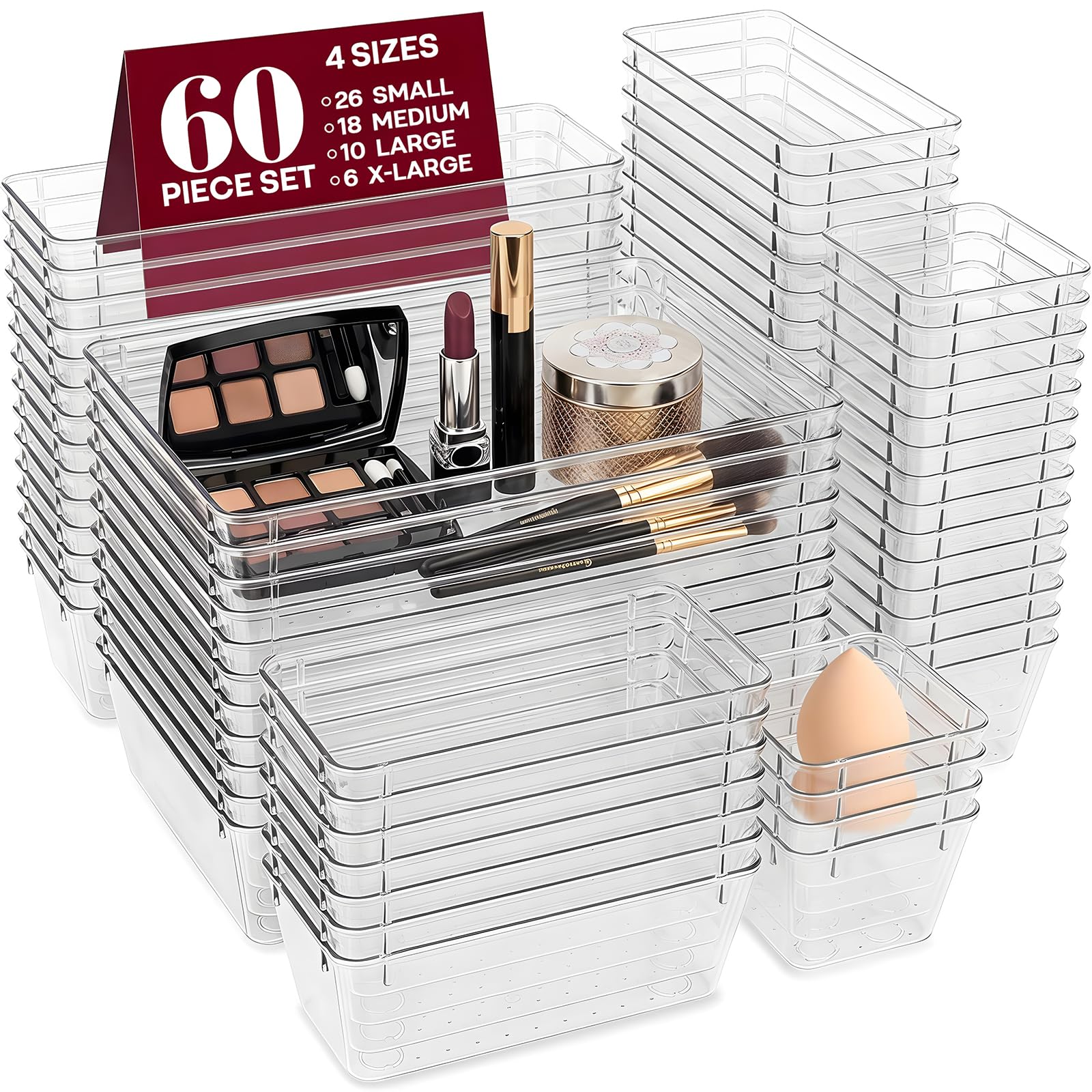 Asnews Clear Drawer Organizers Set of 60, 4-Size Vanity Organizer Trays, Stackable Bathroom & Desk Drawer Organizer for Makeup, Jewelry, Kitchen Utensils, Office Supplies and Small Gadgets Storage