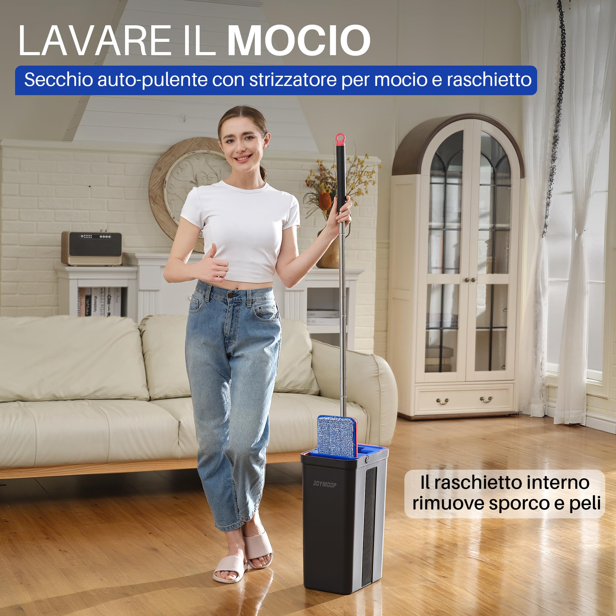 JOYMOOP set mocio lavapavimenti e secchio con strizzatore, 4 panni in microfibra lavabili, uso a secco e umido, sistema pulizia pavimenti - Nero + Rosso + Blu Ardesia