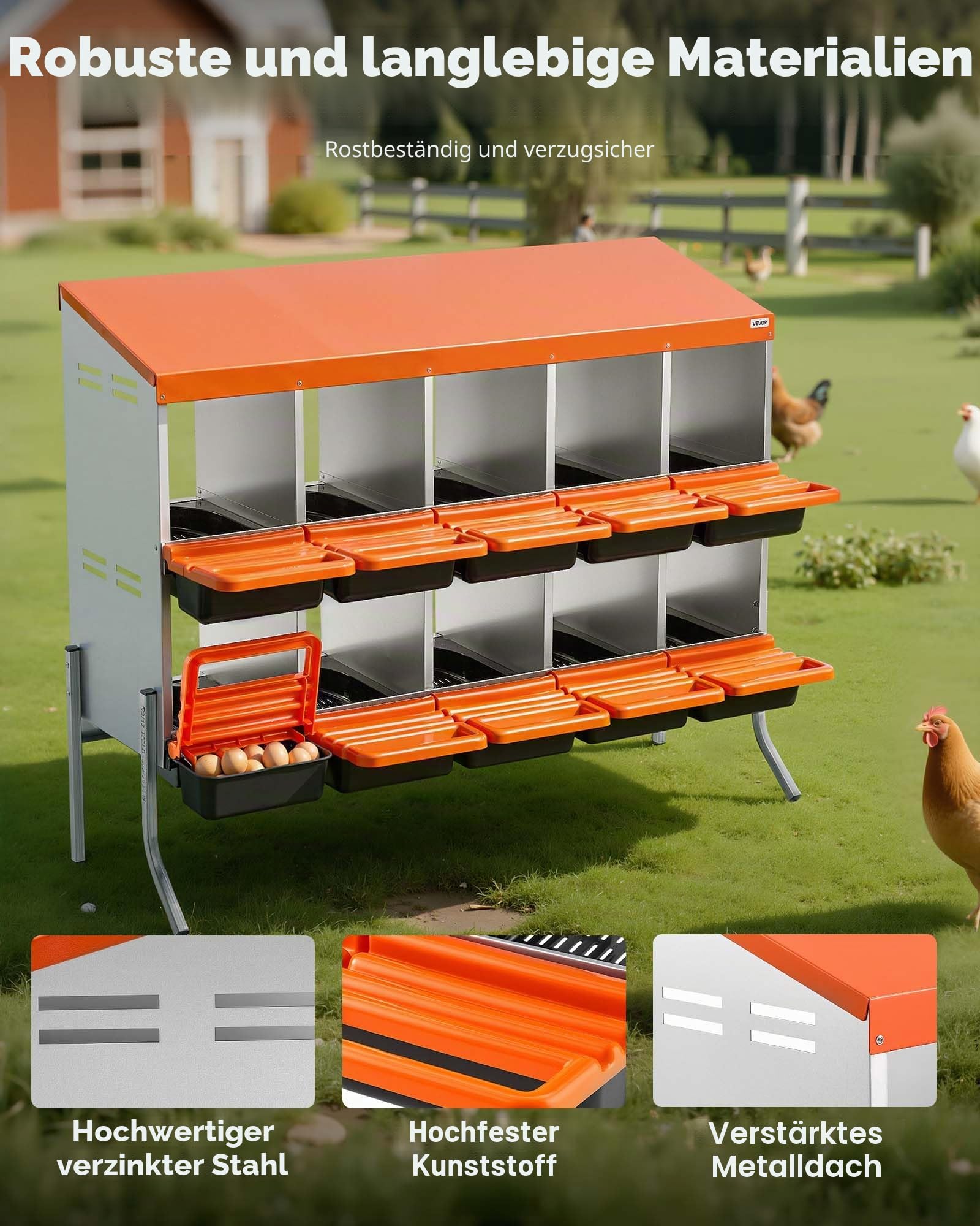 VEVOR 2-stöckiges Legenest 1320x525x990 mm, 10 Fächer, Hühnernest aus Metall mit Stützbeinen & Lüftungslöchern, Geflügelnester, Abrollnest, ideal für Hennen, Enten, Hühner & anderes Geflügel