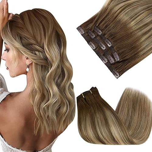 Sunny Hair Clip in Hair Extensions Straight Human Hair Clip in Extensions Remy Clip in Hair Extensions Real Human Hair Extensions Clip ins Medium Brown Balayage Blonde 6/60/6 16inch