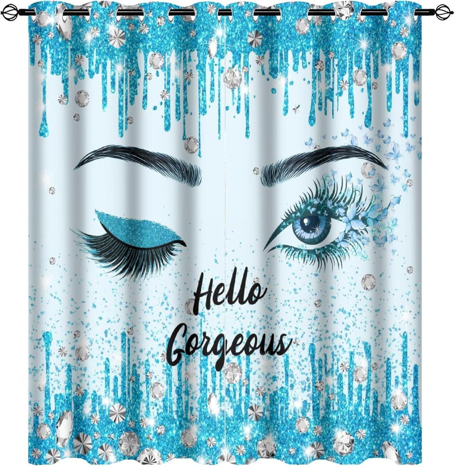 Blue Hello Gorgeous Eyelash Blackout Curtain Women Modern Makeup Theme Dripping Glitter Print Grommet Window Insulated NoiseDrapes Decor for Bedroom Living Room Curtains 2 Panels 63" L x 27.5" W