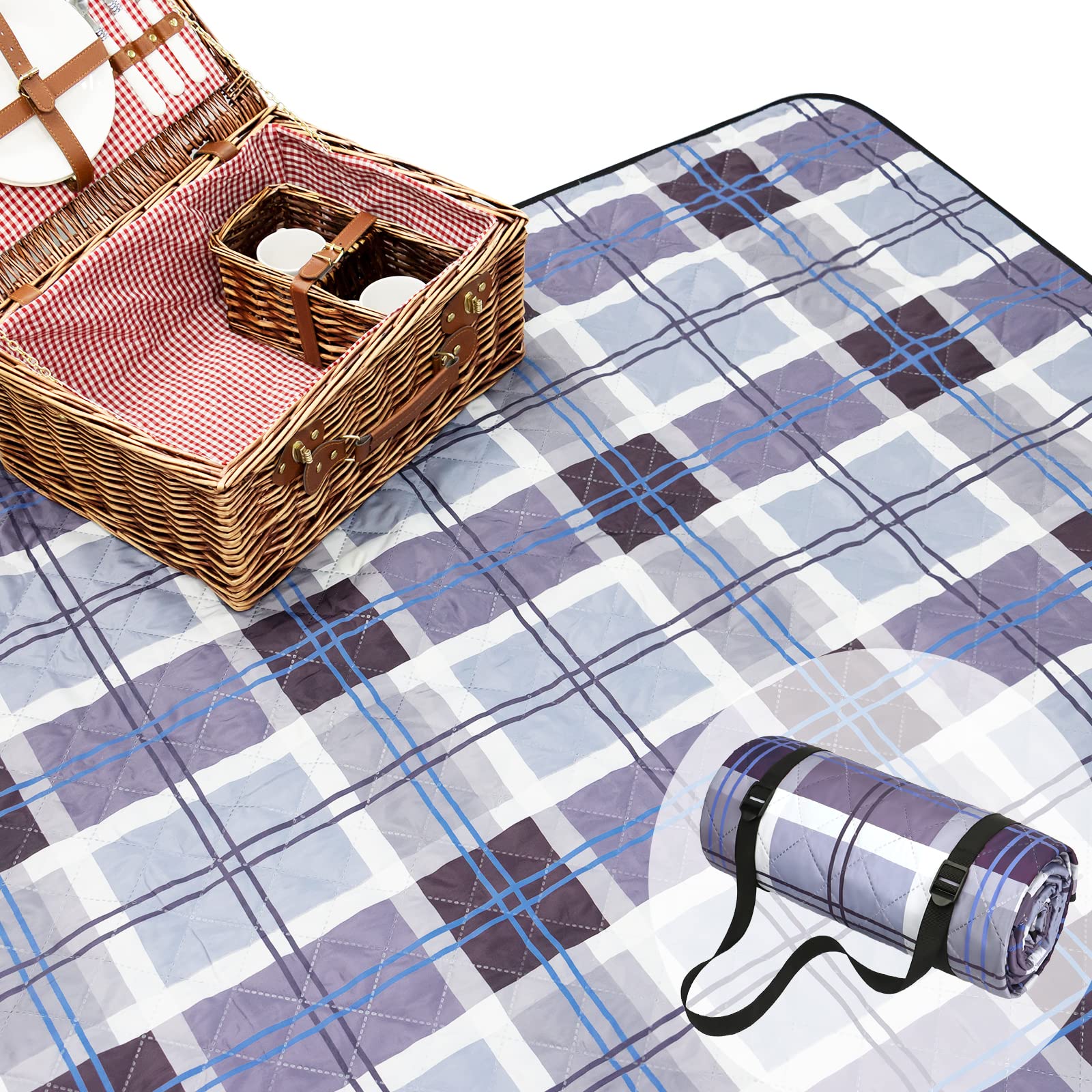 LEASEN Picnic Blankets, 79''x57'' Machine Washable Extra Large Sandproof Beach Mat Blanket, Foldable Compact Outdoor Blanket for Spring Summer Camping, Park, Travel Grass (Blue)