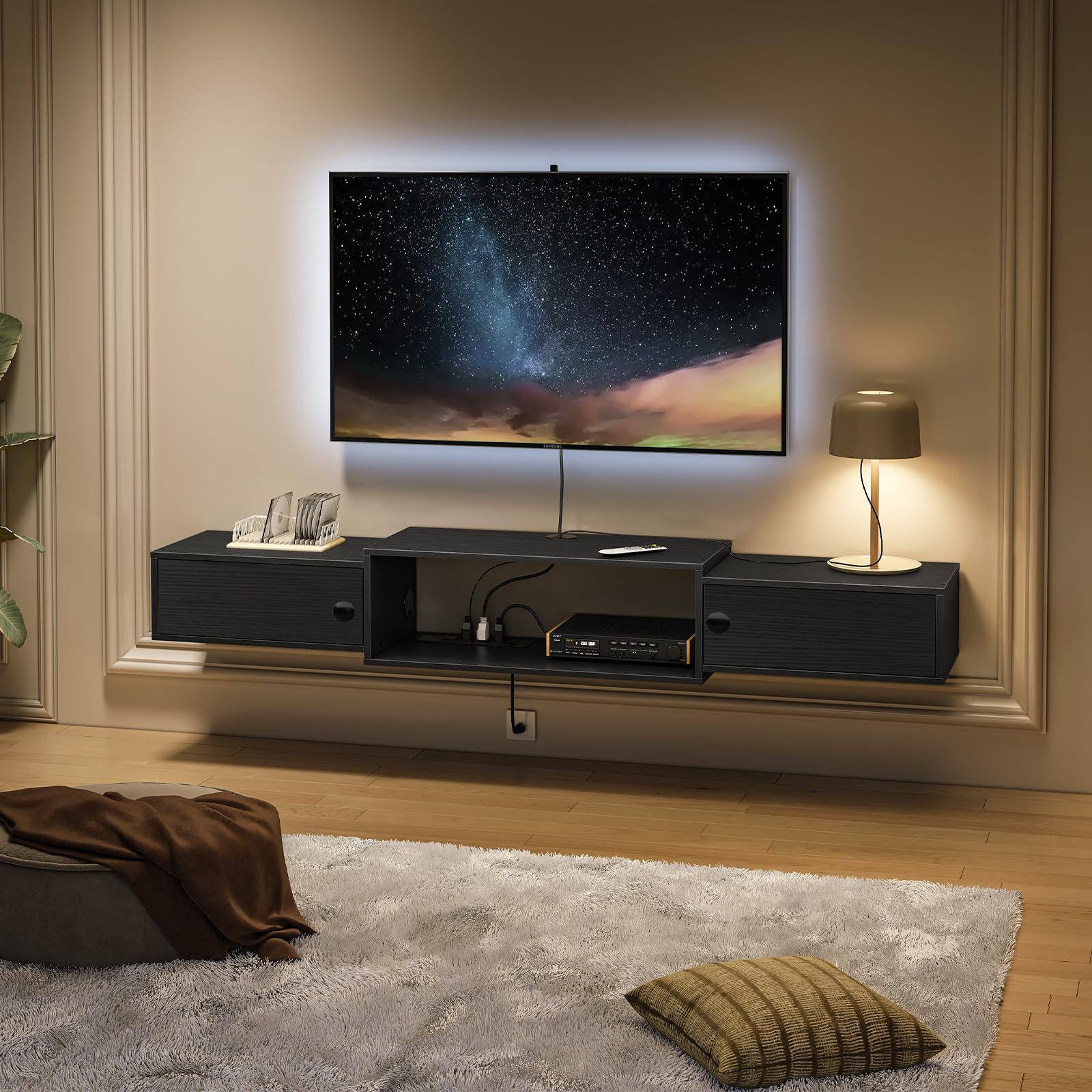 HOOBRO Floating TV Stand with Power Outlets 55", Modern Wall Mounted Media Console Shelf with Doors, Entertainment Center for Under TV Storage, for Living Room, Bedroom, Black BK11UDS01