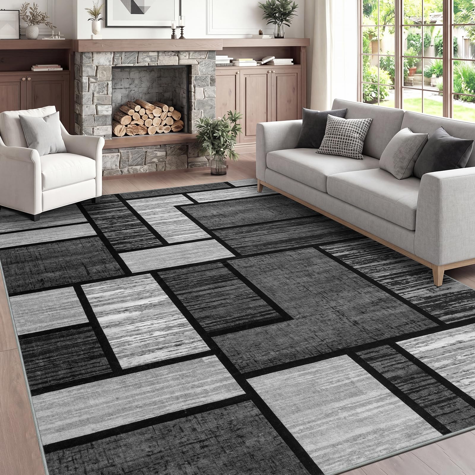 IMIYOKU Modern Rugs for Living Room Black Grey Geometric Area Rug 160x230cm Washable Rug for Bedroom Large Non Slip Soft Carpet, Easy Care, Pet Kids Friendly Home Decor — image 1