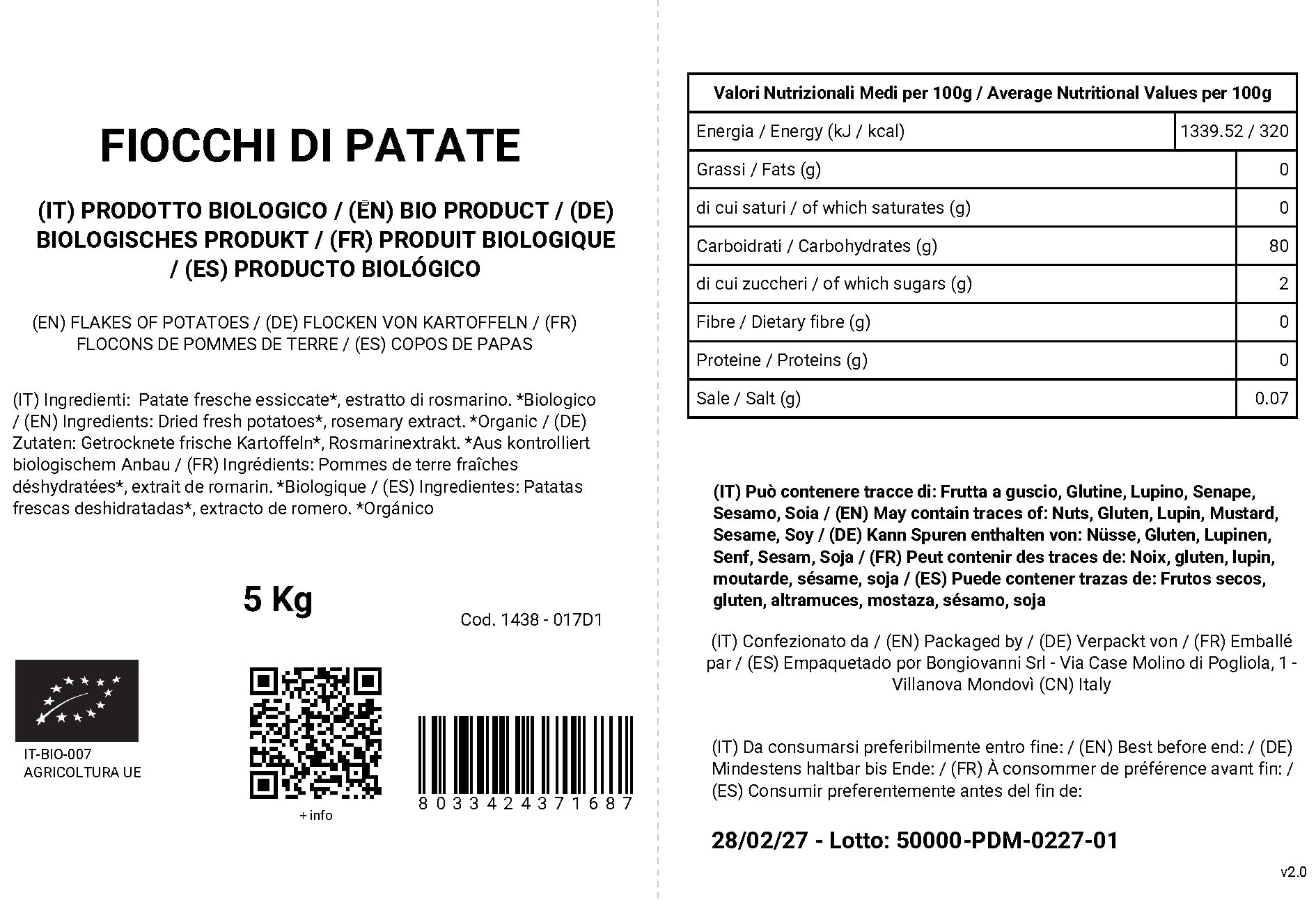 BONGIOVANNI FARINE E BONTA' NATURALI Fiocchi di Patate 5Kg BIO