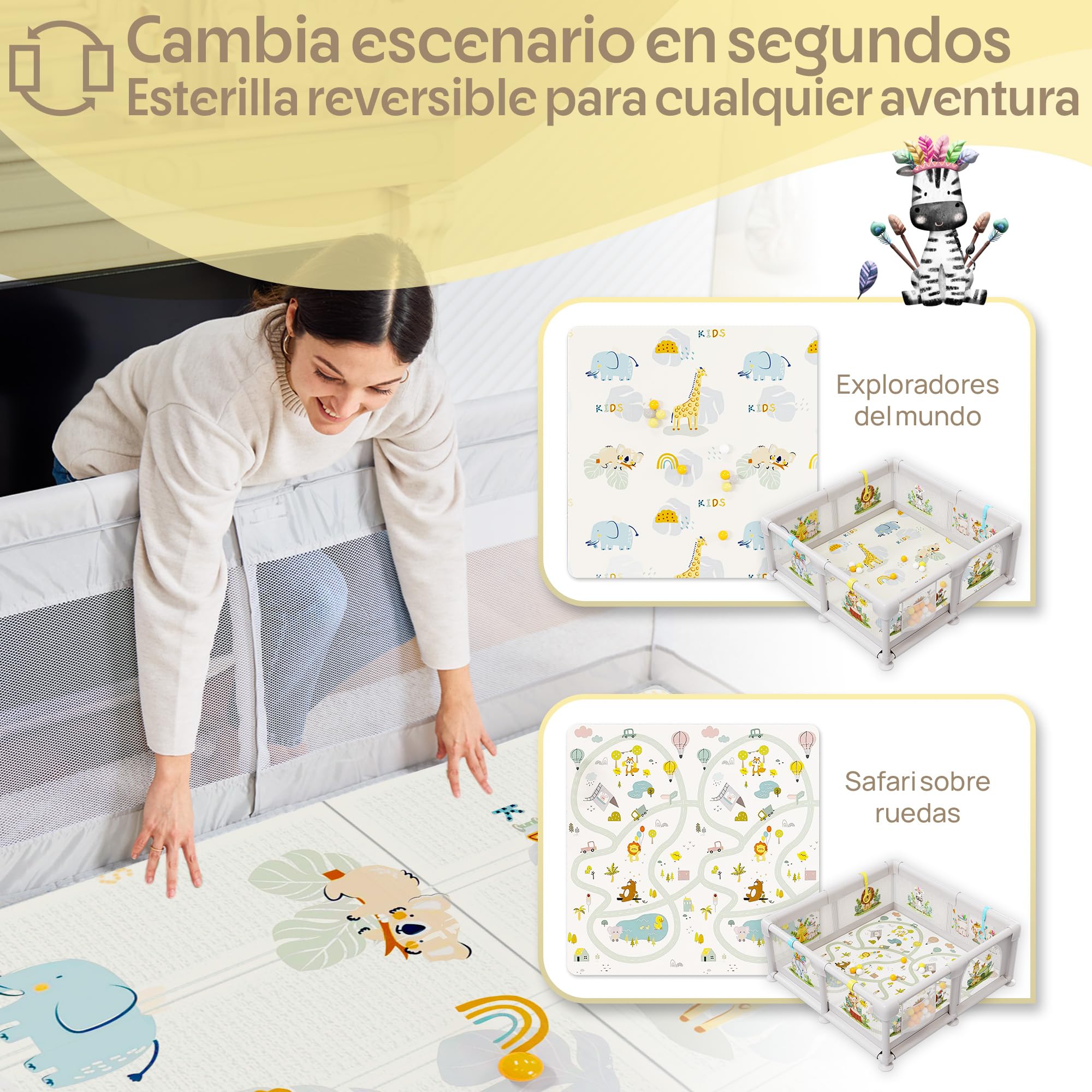 Parque Infantil Bebé 150x150cm con Malla Ilustrada y Esterilla Reversible – Corralito Acolchado Seguro, Libro Sensorial, Bolas y Agarraderas | AKERAQ
