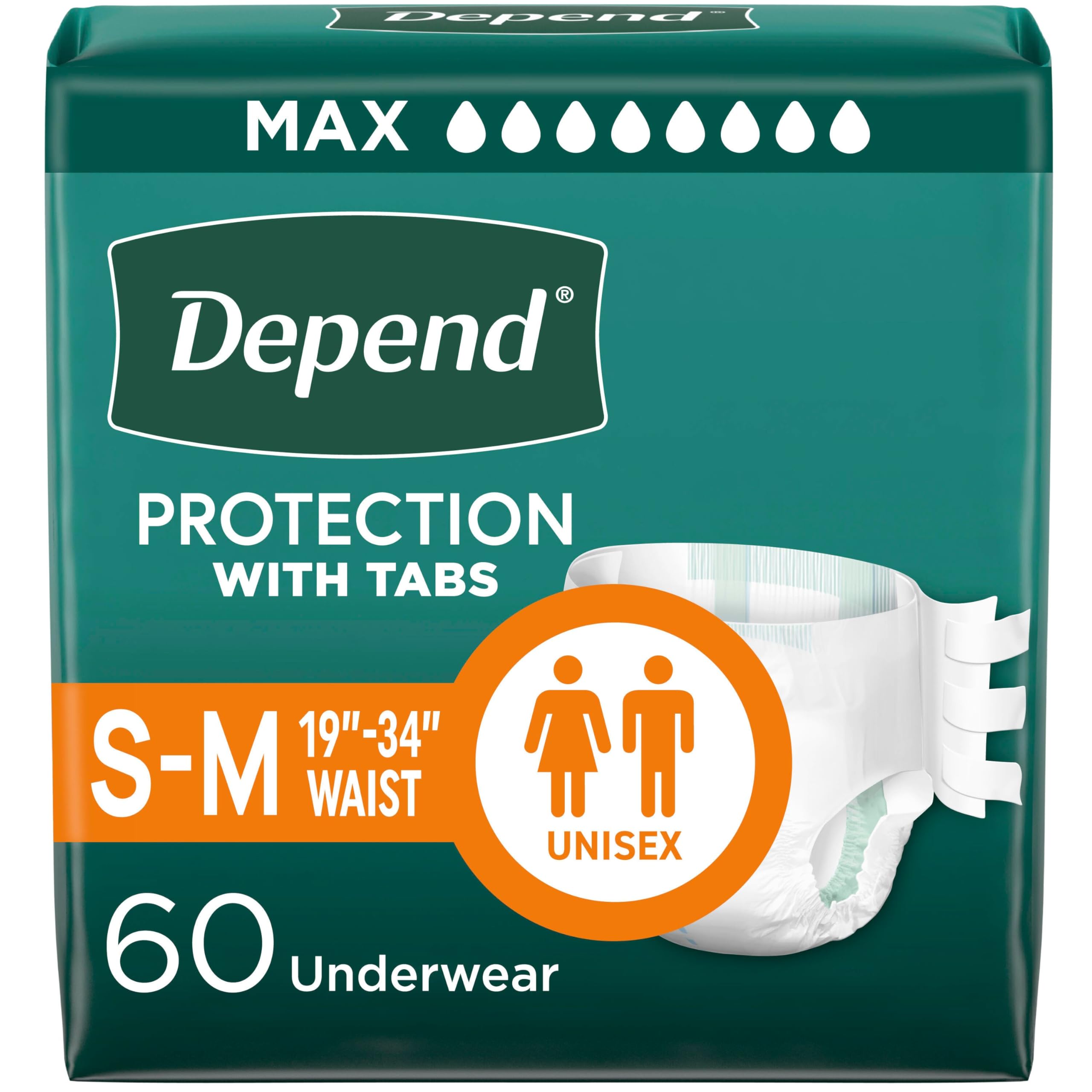 Depend Adult Diapers with Tabs, Incontinence Protection with Tabs, Unisex, Small/Medium (19–34" Waist, Up To 170 lbs), Maximum Absorbency, 60 Count (3 Packs of 20)