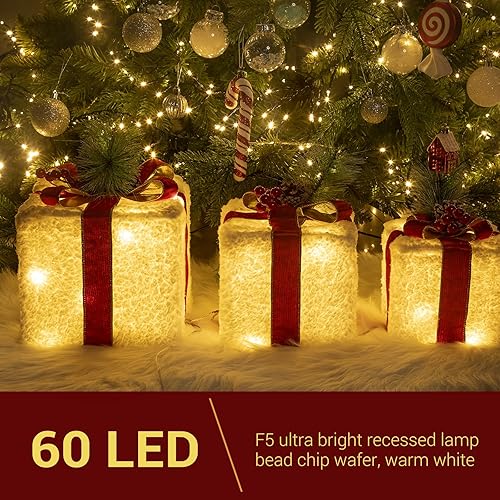 Miniatura 4 de Elegear Cajas de regalo iluminadas de Navidad, decoraciones de Navidad para interiores, 8 modos, juego de 3 cajas de regalo con 60 luces LED,