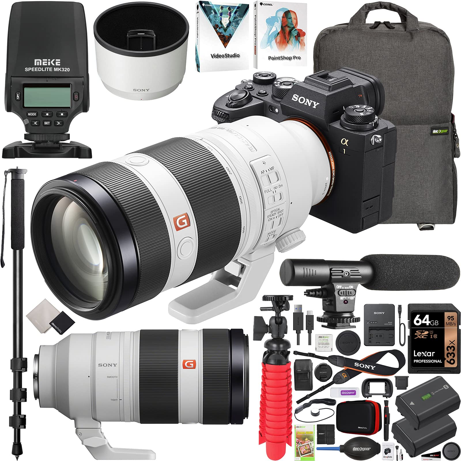 Sony Alpha 1 Full Frame Mirrorless Camera Body + 100-400mm F4.5-5.6 GM G Master FE Lens SEL100400GM ILCE-1/B Bundle with Meike TTL Flash Speedlite + Deco Gear Backpack +Microphone and Accessories Kit