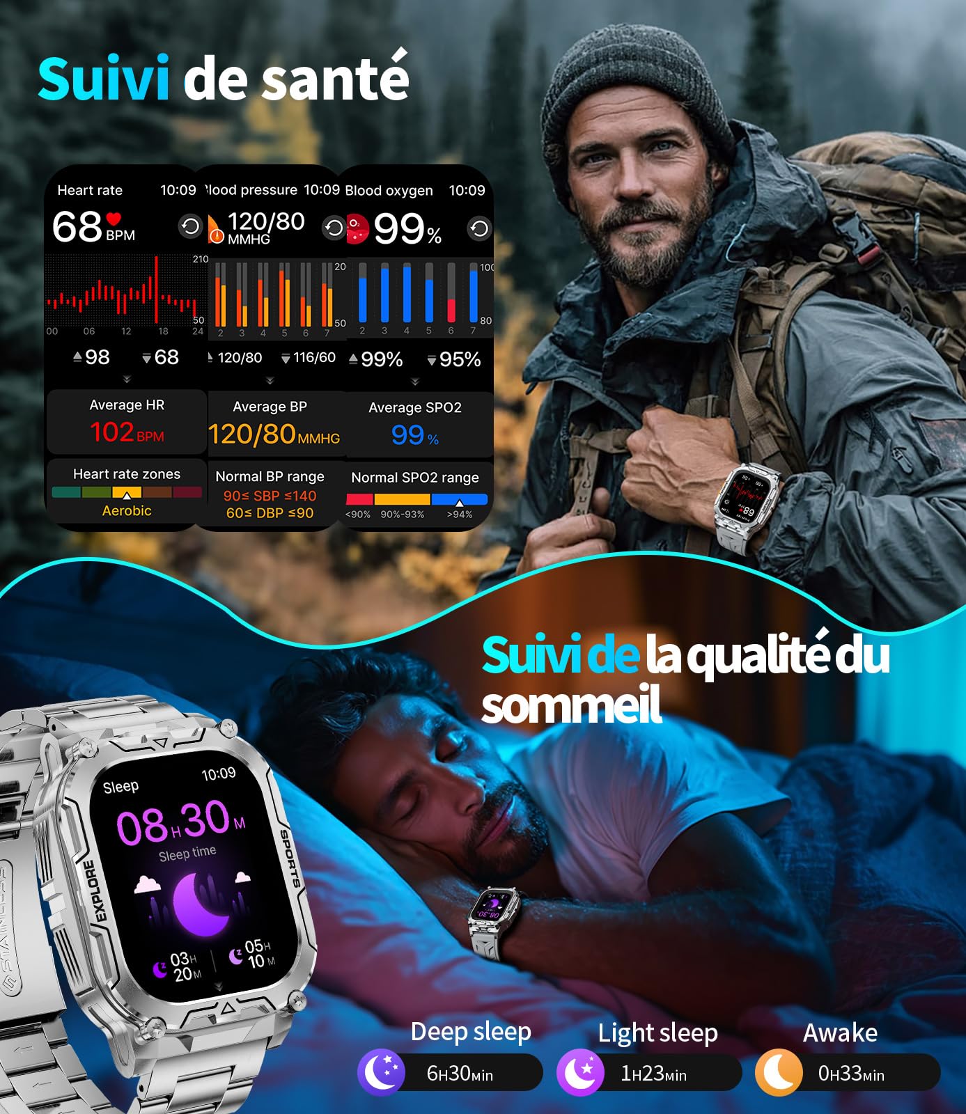 Montre Connectée Homme avec 1000 mAh, Smartwatch Homme LED Lampe 2.01'' Écran HD, Montre Intelligente Santé Cardiaque Sommeil Tension Artérielle 120+ Modes Sportifs