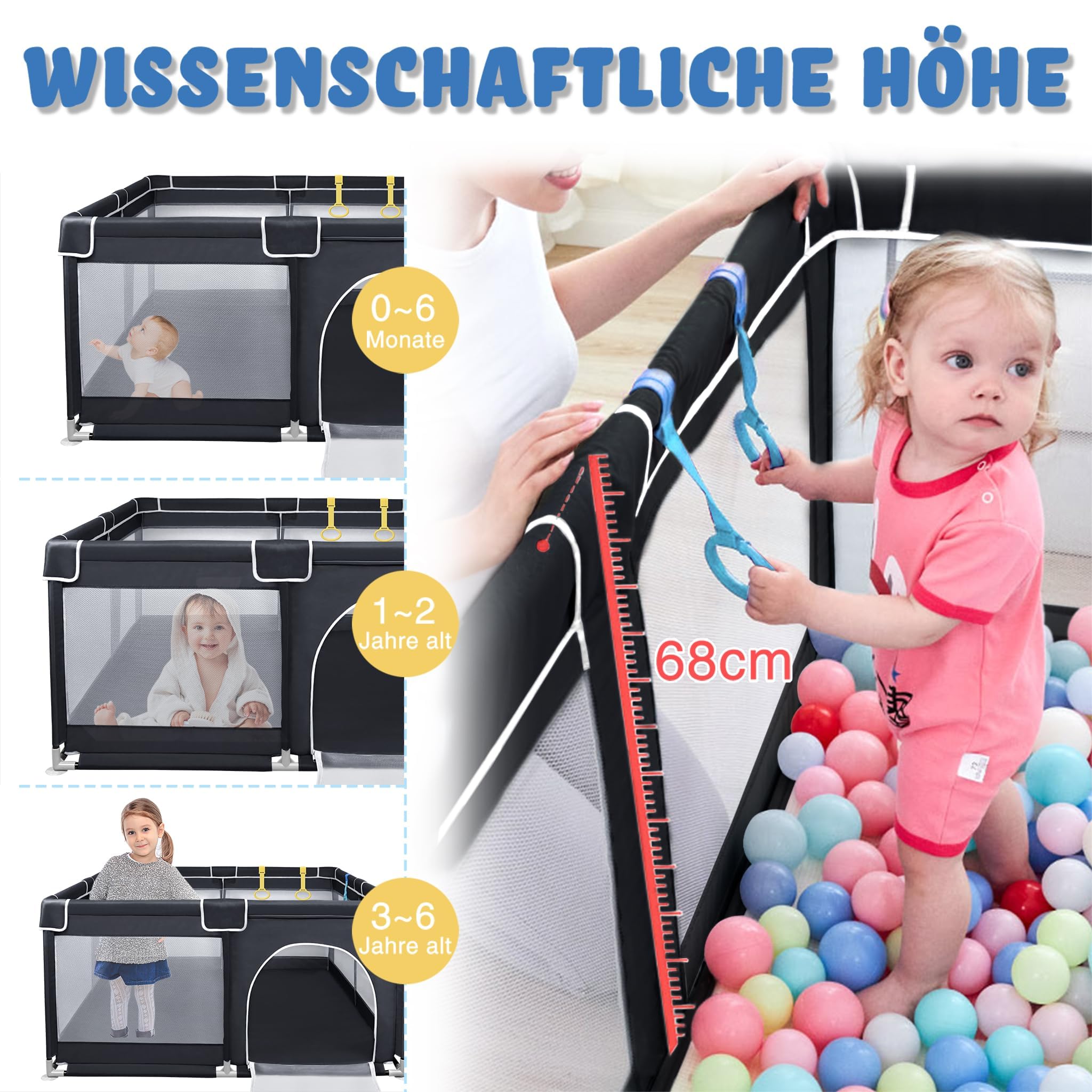 Froadp Parque infantil plegable y parque infantil, valla para bebés, valla de barrera con red transpirable y 50 bolas, piscina de pelotas para niños y bebés, color negro, 180 x 150 x 68 cm