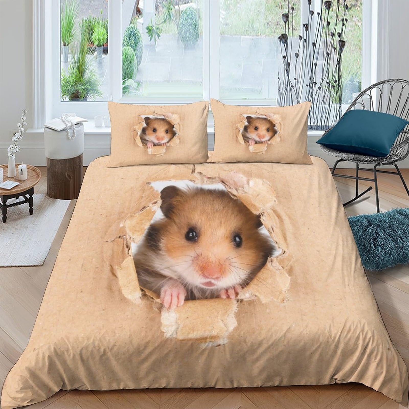 TUFRTGYHN 3D Printed Hamster Pattern Duvet Cover Microfiber Soft Breathable Animal Hole Bedding Set with 2 Pillowcases for Bedroom Decor Single（135x200cm）