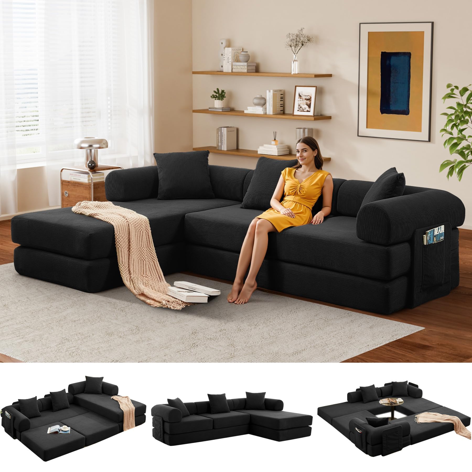 VYNELITO L Shaped Modular Sofa Bed with Cylindrical Pillow & Reversible Chaise, Corduroy Folding Convertible Floor Sofa Couch Bed with Fixed-Shape