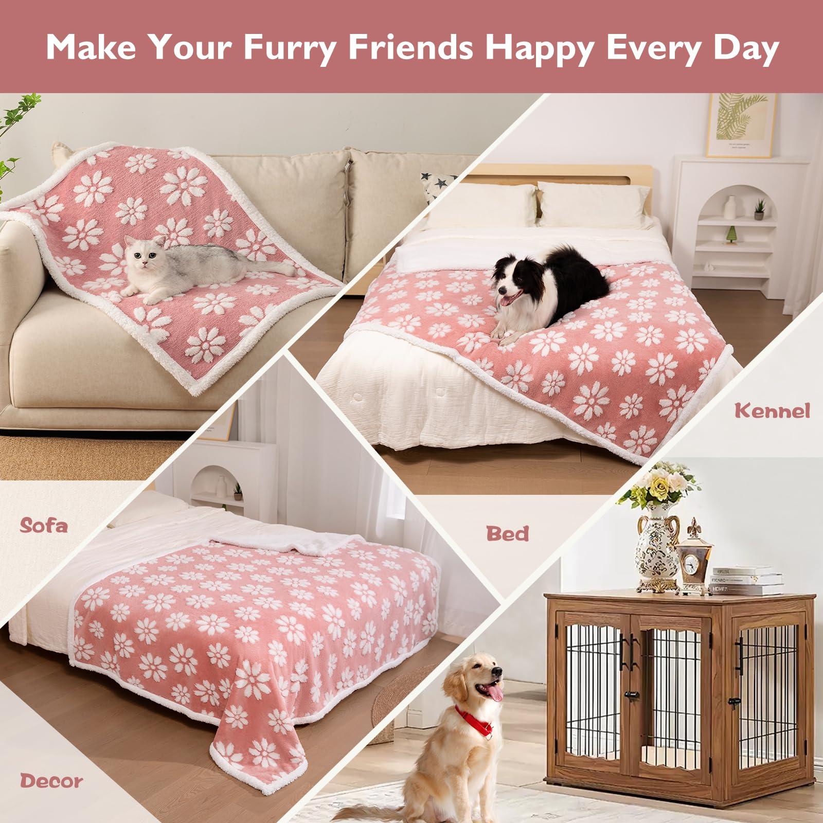 Yaning Waterproof Blanket for Dog Cat or Adult, Cute 3D Textured Flower Dog Blanket for Bed Couch Sofa, Soft Liquid Pee Proof Pet Furniture Protector, 60"x80", Pink