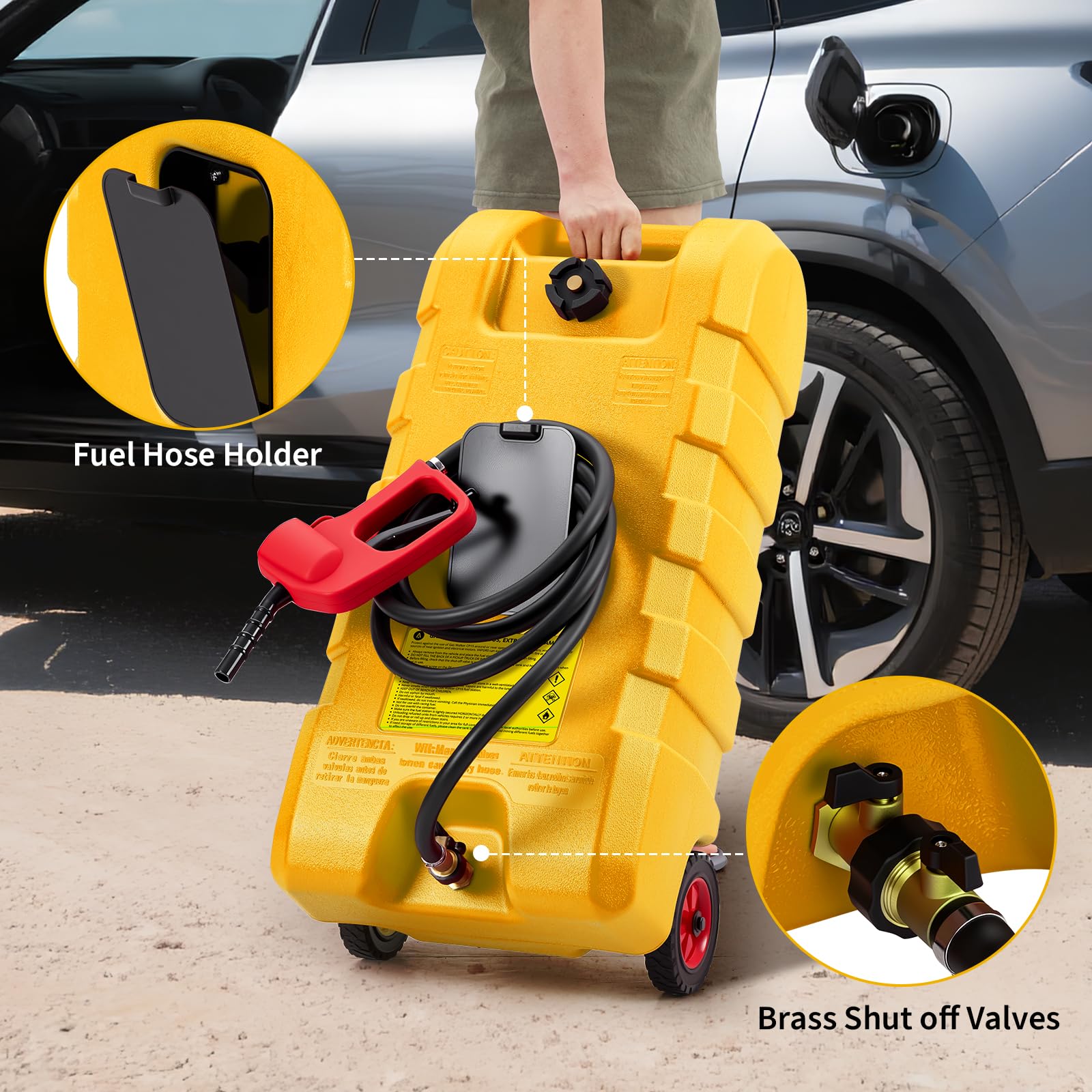 Bidón de gasolina de 57 l (15 galones) con bomba de mano y manguera, sifón de 7,5 l/min – Bidón de combustible enrollable para coche, barco, cortacésped, ATV, resistente a los rayos UV, HDPE