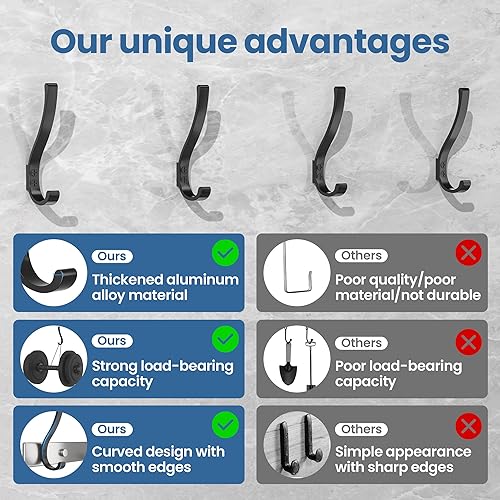 Miniatura 7 de 6 ganchos negros grandes, montaje en pared resistente, para colgar, mochilas, baño, vestíbulo, entrada