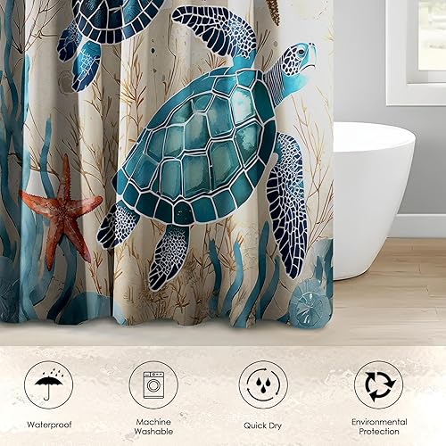 Miniatura 9 de Bribay Juego de cortinas de ducha de 4 piezas, diseño de tortuga marina, impermeable, accesorios de baño con alfombras antideslizantes, cubierta