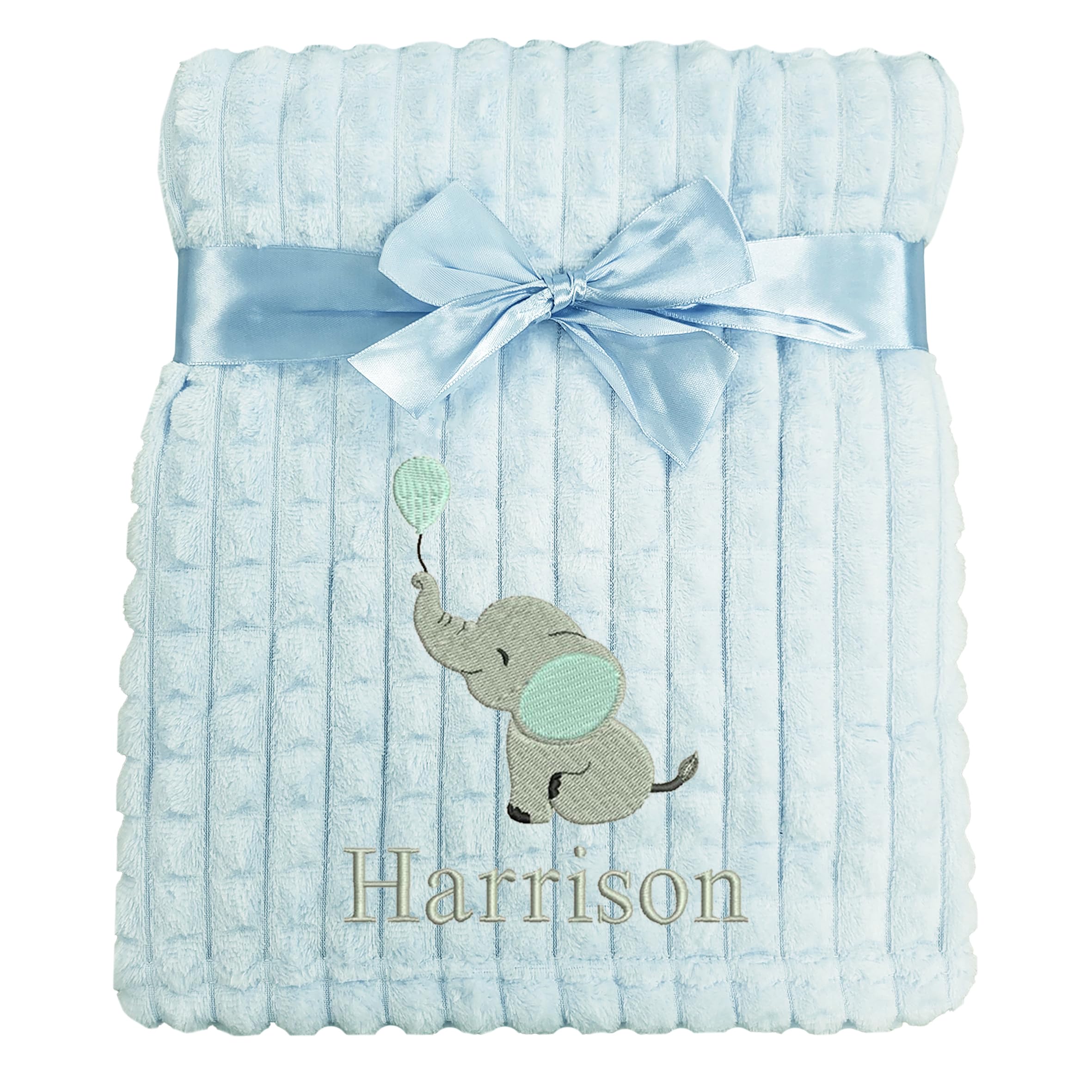 Personalised Baby Blanket Embroidered Elephant & Name Soft Fleece Wrap (Blue Elephant Blue Squares)