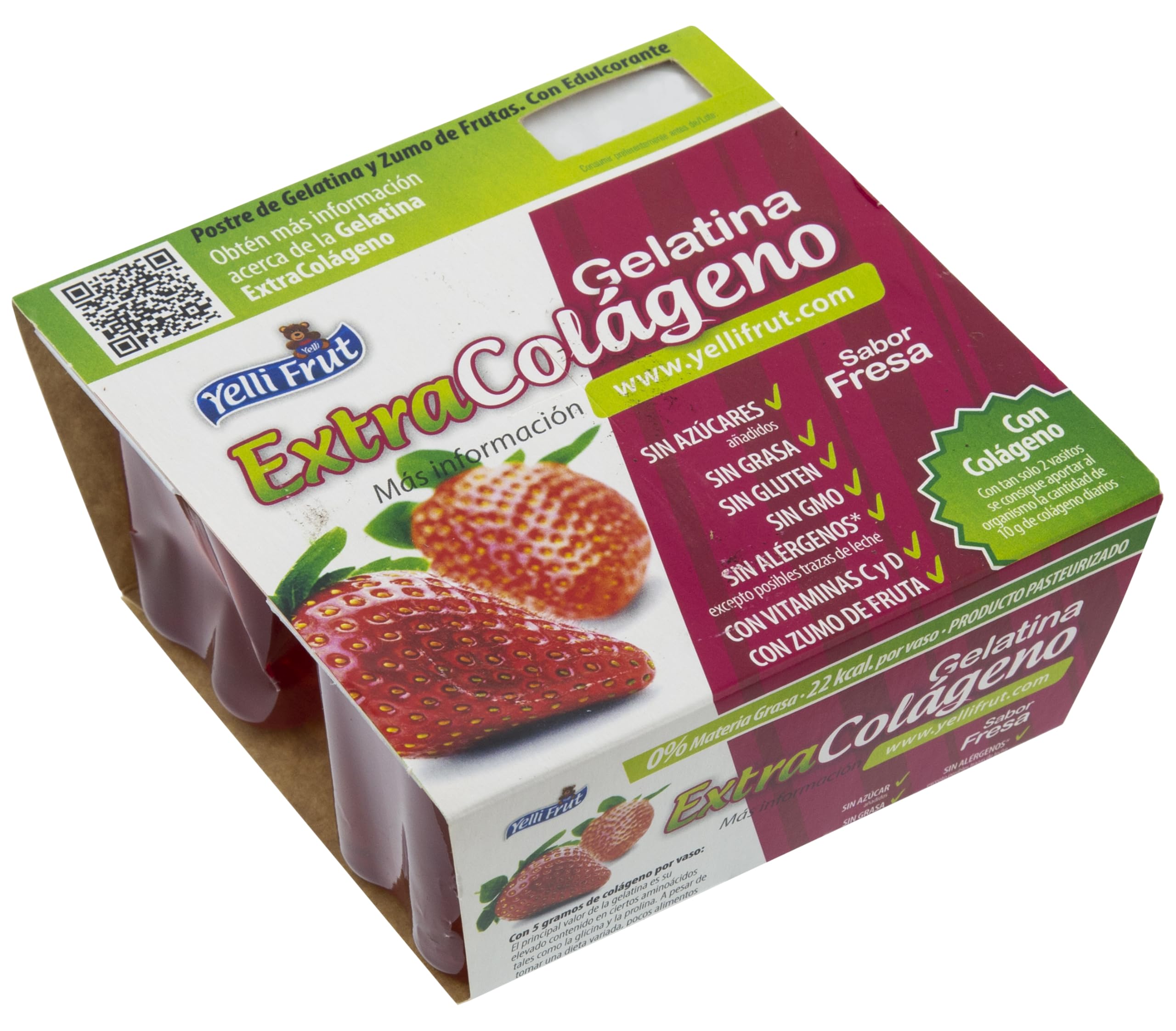 Extra Colágeno Fresa. Postre de Zumo de Frutas y Gelatina. Sabor Fresa en tarrina de 100 gramos. Pack de 12x4 = 48 tarrinas. 8g de colágeno mejora la flexibilidad y función de las articulaciones