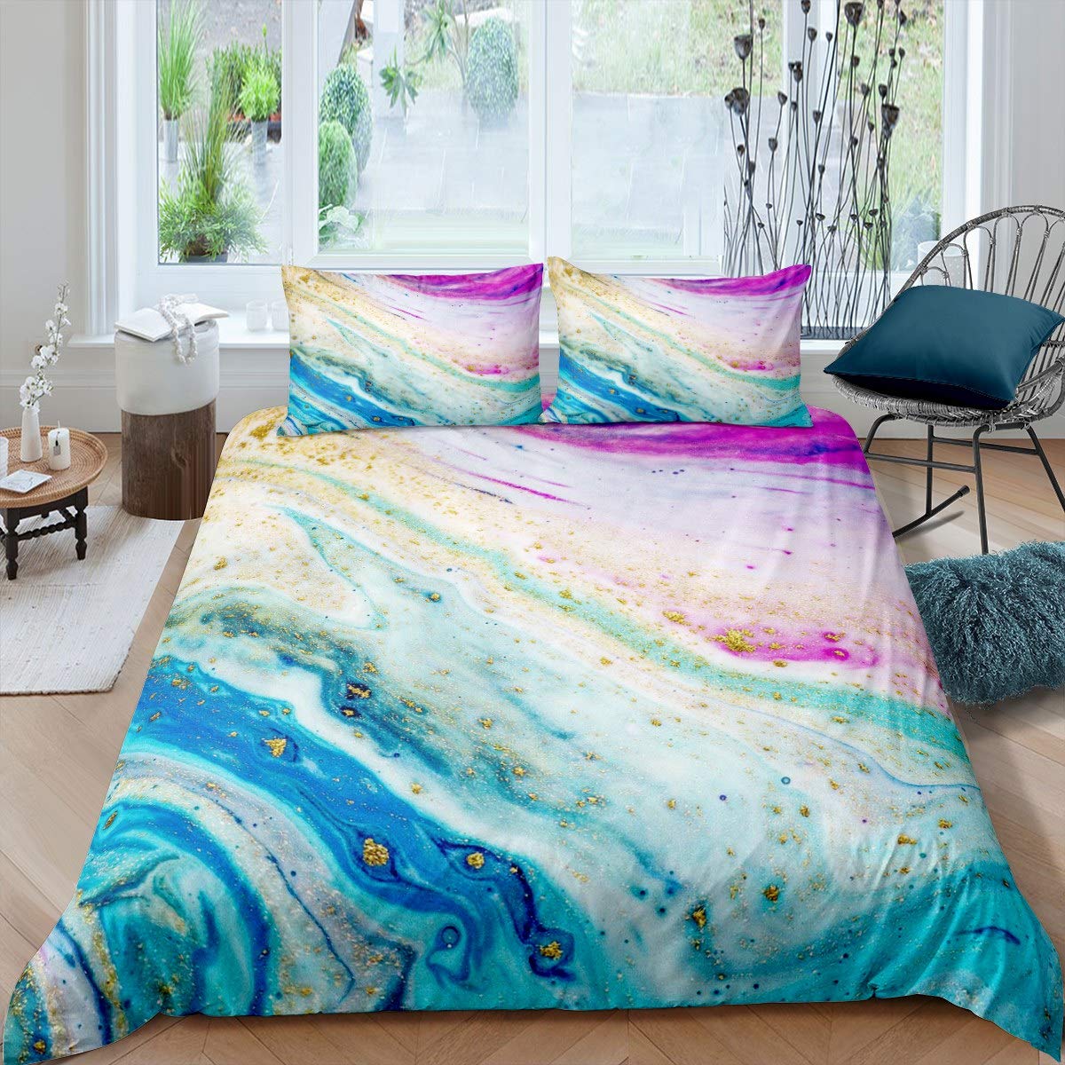 Loussiesd Girls Multi 17 Marble Printed Bedding Set For Women Purple Blue Marble Pattern Comforter Cover Decorative Abstract Art Duvet Cover Chic Golden Modern Marble Design Bedspread Cover King Size 3Pcs Bedclothes