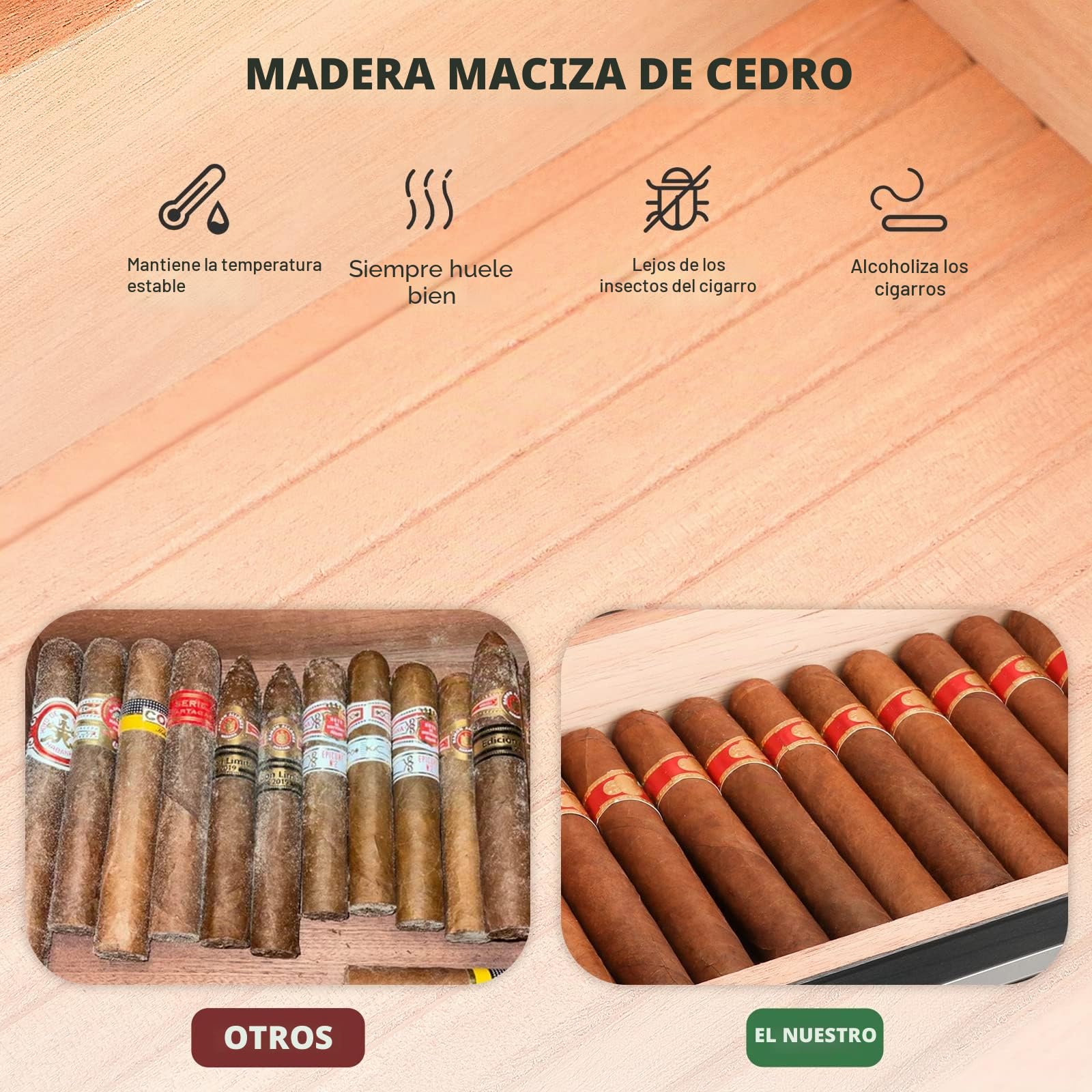 Humidificador de puros con 2 cajones, accesorios para puros, caja de madera de cedro maciza, regalos para hombres, humidificador de cristal, funda