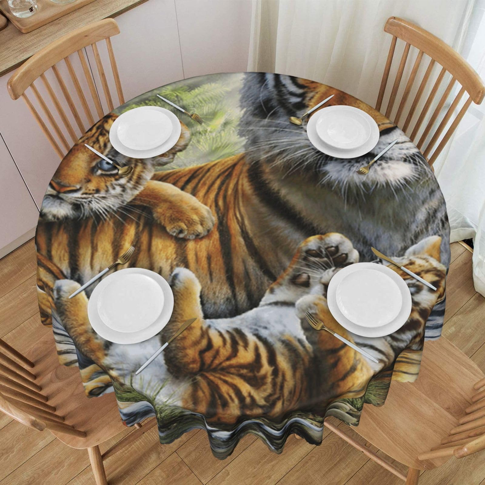 DCEHGEW 60 In Round Tablecloth with Lace, Jungle Tigers Cub Printed Oilproof & Washable Fabric Picnic Table Cloth Table Covers