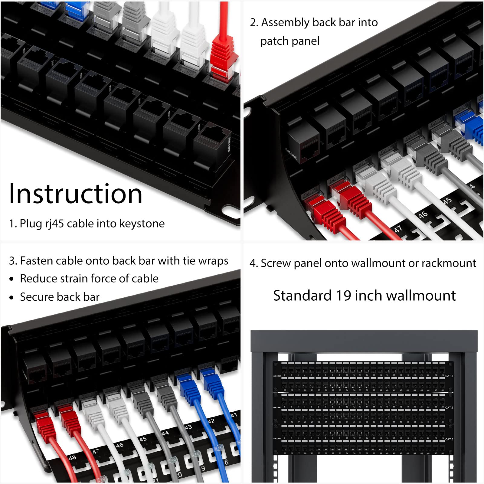 iwillink Panel de conexión Cat6A de 10 Gbps de 48 puertos, panel de conexión Keystone de 2U UTP de 19 pulgadas con barra trasera, montaje en pared o montaje en rack, compatible con cableado Cat5