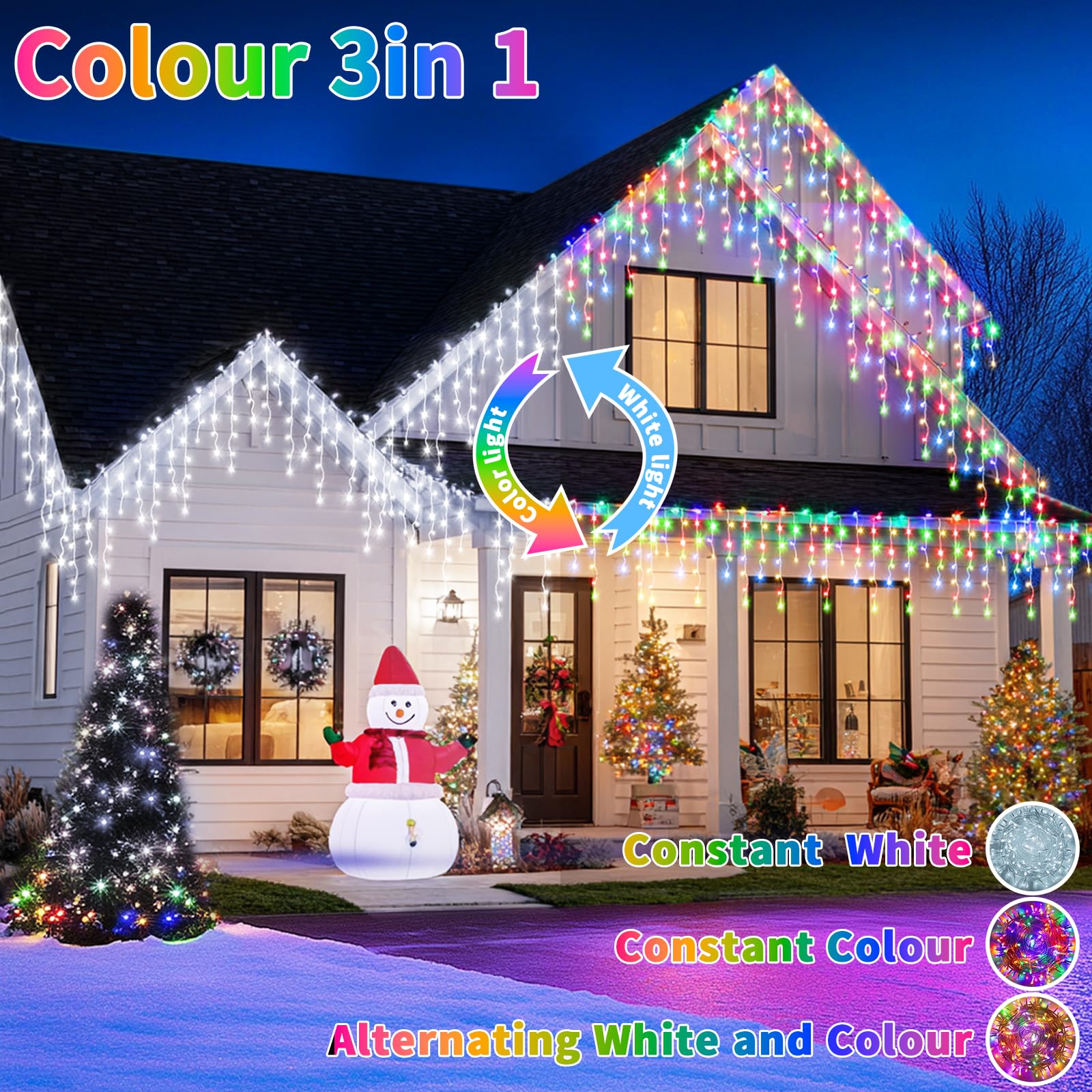 3 IN1 Luci di Natale da Esterno, 20m+5m 660LED Luci Natalizie da Esterno Cascata con Telecomando Timer 8 Modalità, IP65 Impermeabile Luci di Natale per Bordo Tetto Balcone Natalizia