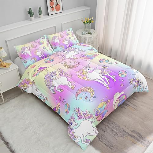Miniatura 10 de Axolotl Juego de ropa de cama de unicornio, tamaño individual, juego de edredón de unicornio para niñas, niños y adolescentes, juego de ropa de cama