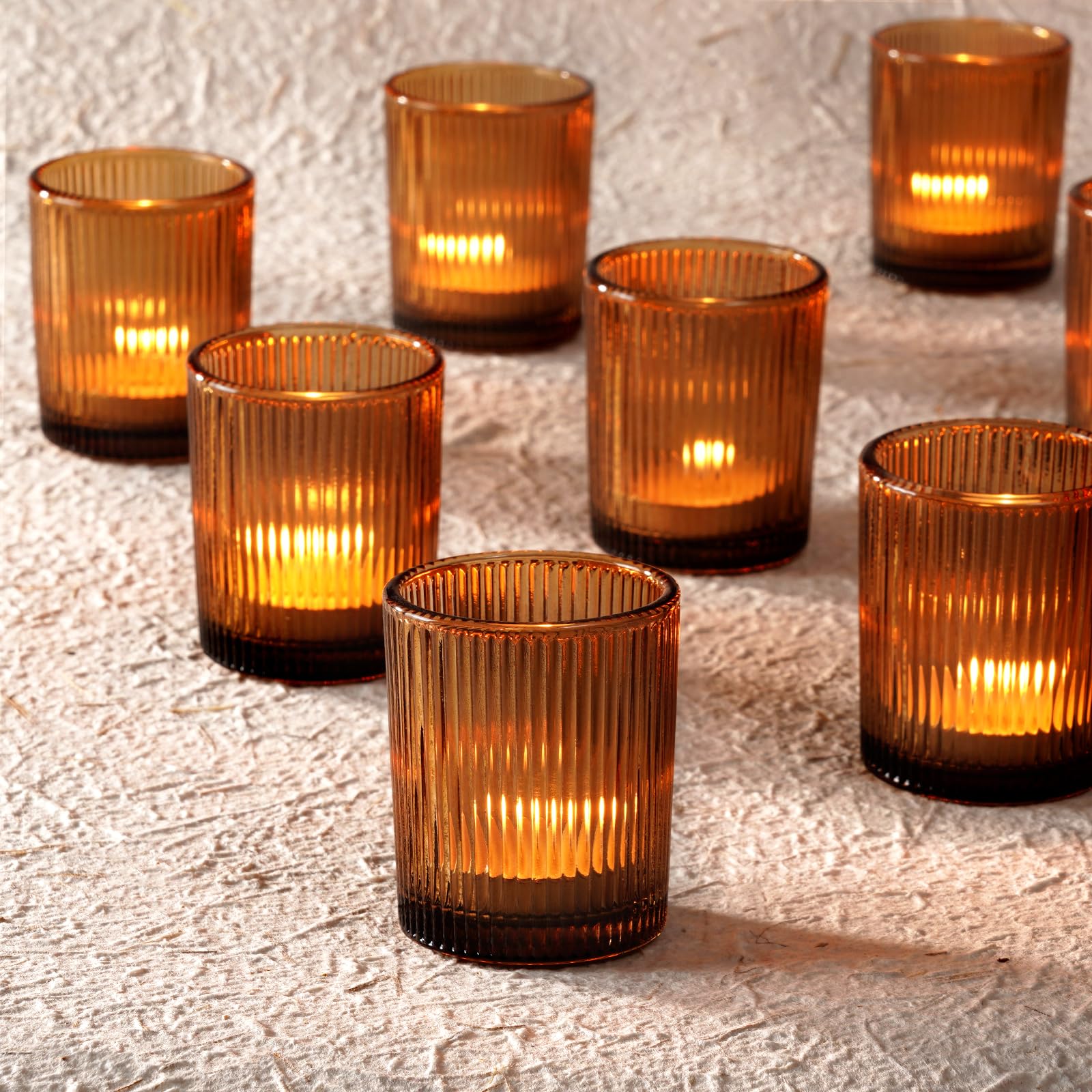 Homemory 12 Pcs Glass Votive Candle Holders, Amber Tealight Candle Holder, Vintage Candle Holders Bulk for Table Centerpieces, Christmas, Baby Shower,