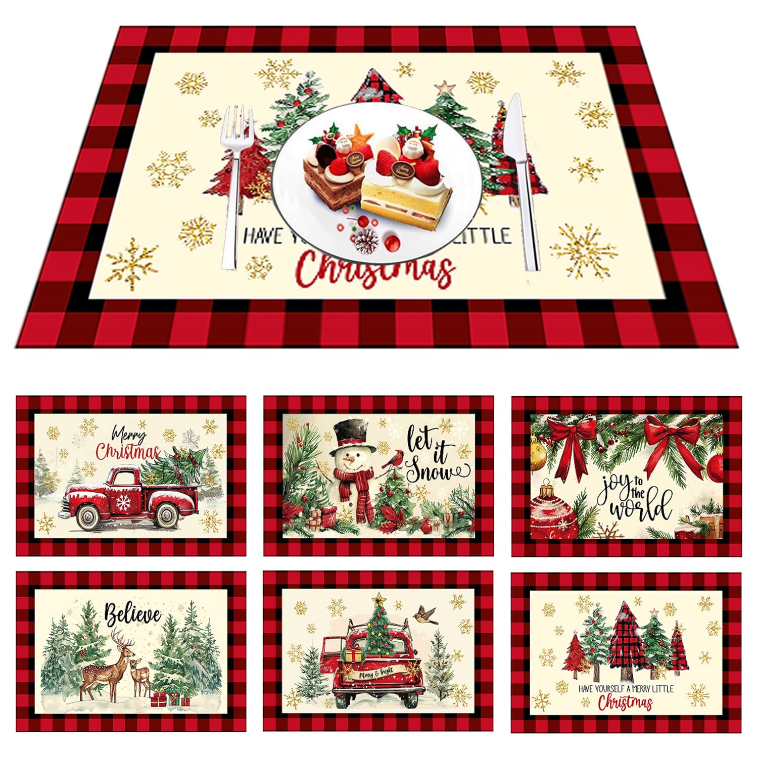 6 manteles individuales de mesa de Navidad, de plástico, lavable, rojo y verde, decoración de Navidad, 43 x 30 cm (Navidad)