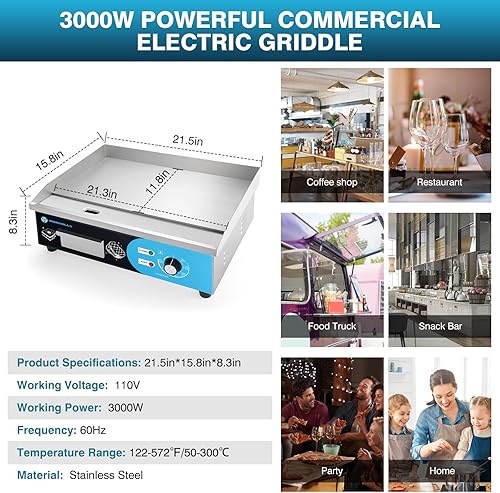 Miniatura 9 de IRONWALLS Plancha eléctrica comercial de 22 pulgadas, 3000 W, parrilla eléctrica para interiores con control de temperatura ajustable de 122  572 ,