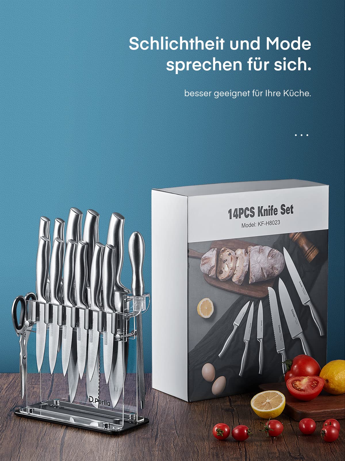 D.Perlla Coltelli da Cucina, Set Coltelli da Cucina 14 Pezzi, Set di Coltelli da Chef Professionali in Acciaio Inossidabile, Con Portacoltelli in Acrilico e 6 Coltelli da Bistecca Seghettati