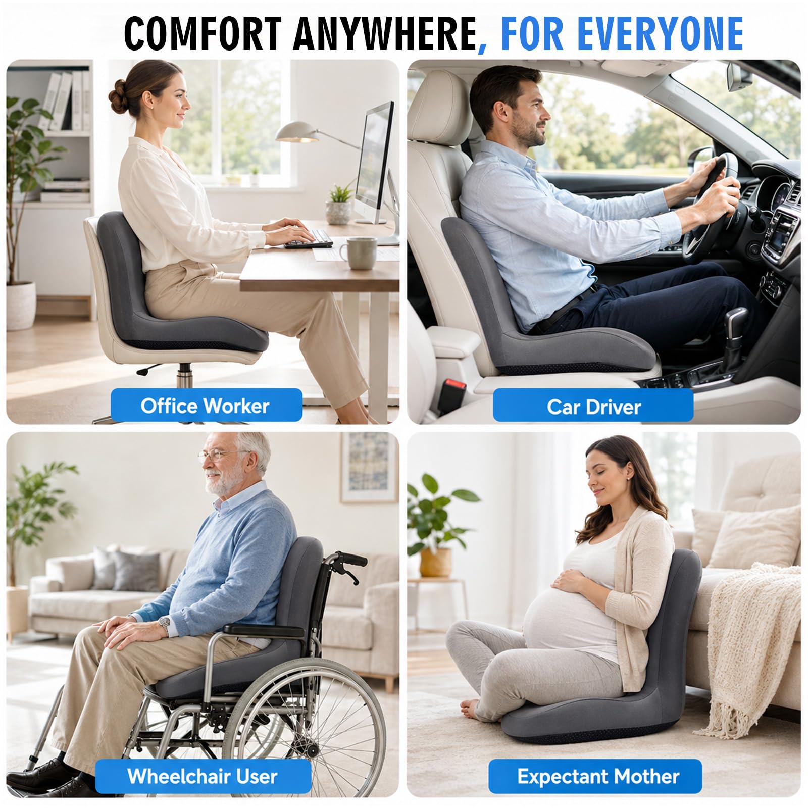 Cojín ortopédico con respaldo, cojín ergonómico de espuma viscoelástica, cojín de asiento con cavidad de coxis para silla de oficina y coche con soporte lumbar, cojín para silla de asiento largo