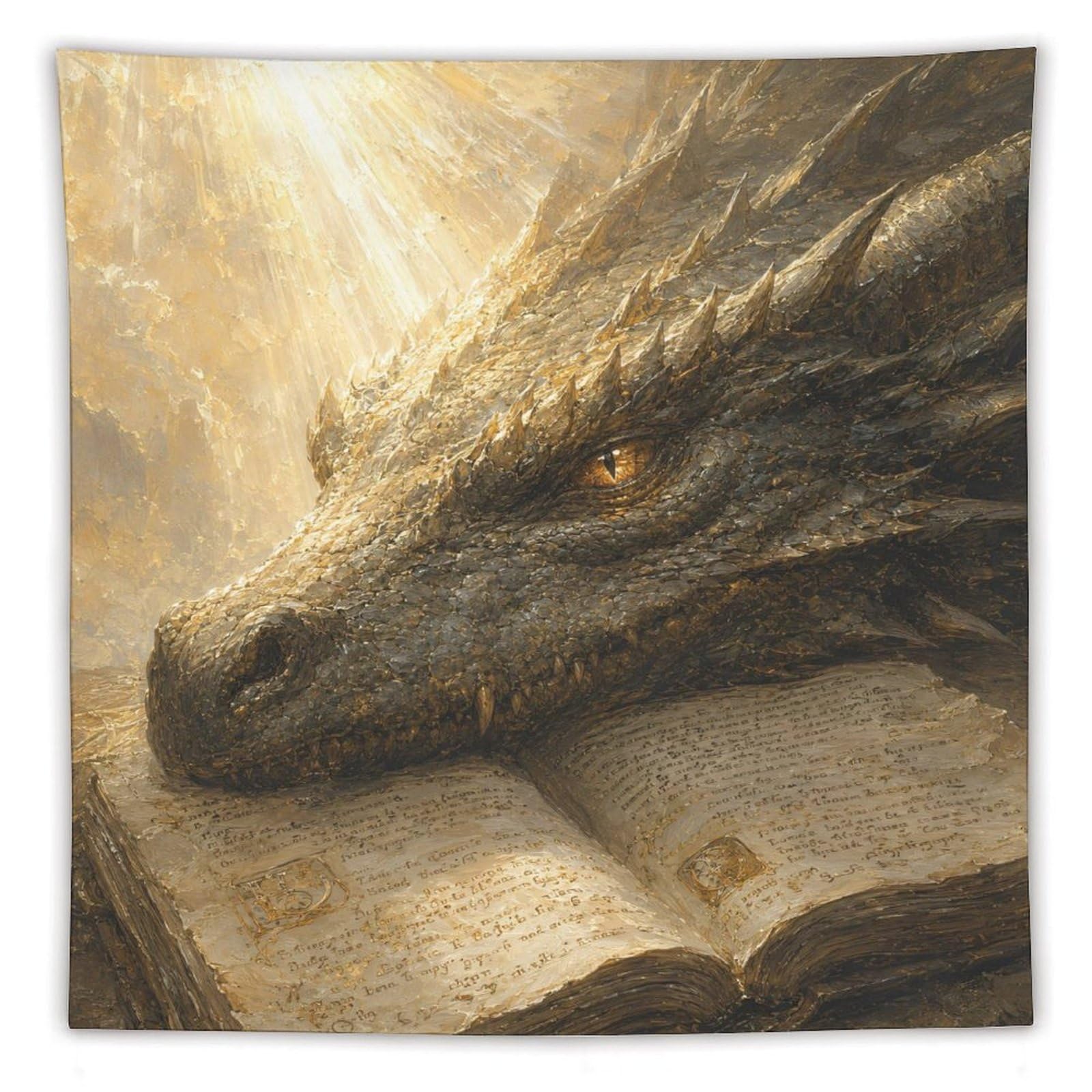 W7C8U2X3 Dragon Resting on Ancient Book Wall Tapestry, Surrealist, Entryway