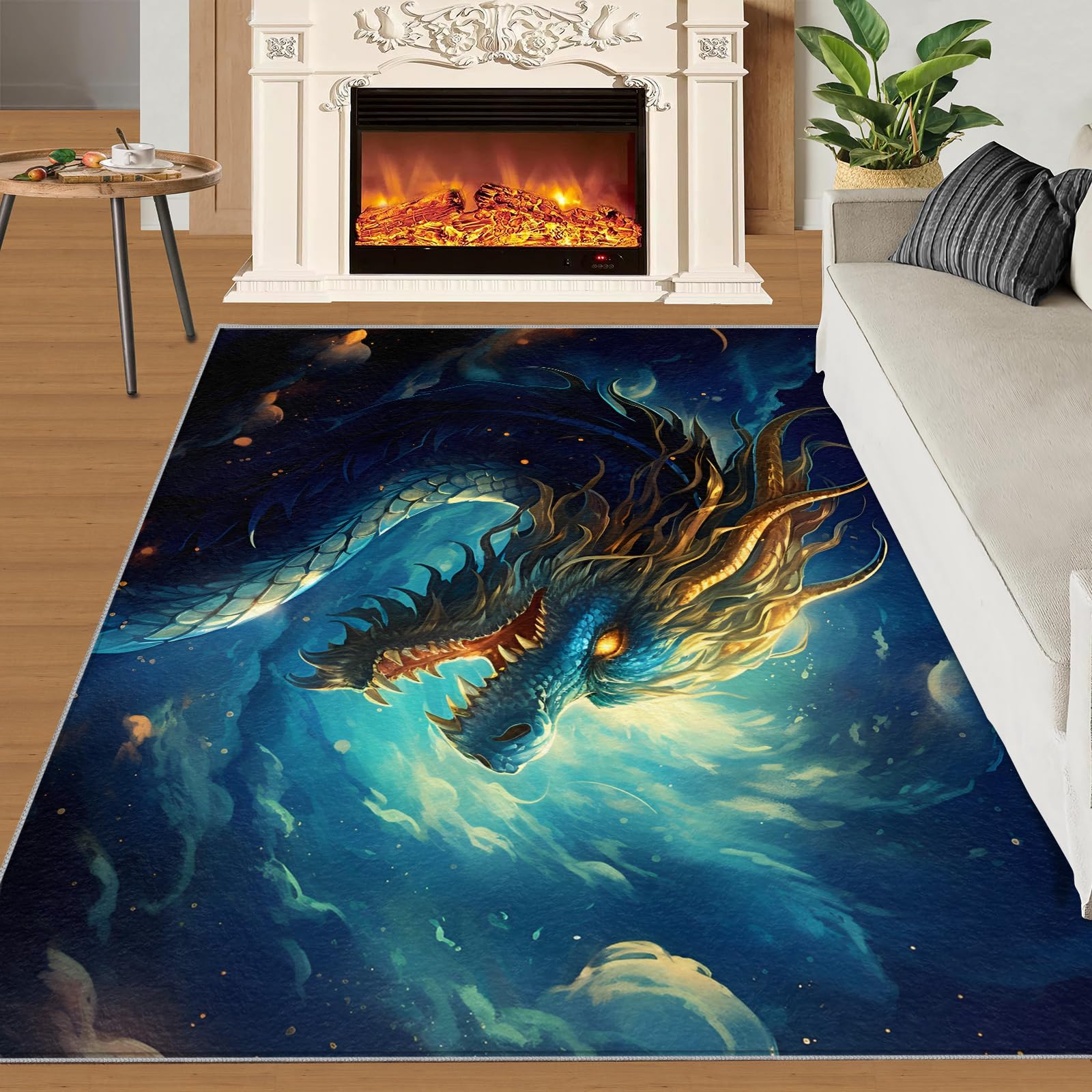 SANSJI Blue Dragon Area Rug 170x240 cm - Non Slip Washable Fantasy Dragon Rugs for Living Room, Magic Animal Design Indoor Carpet for Boys, Soft & Resistant Floor Decor