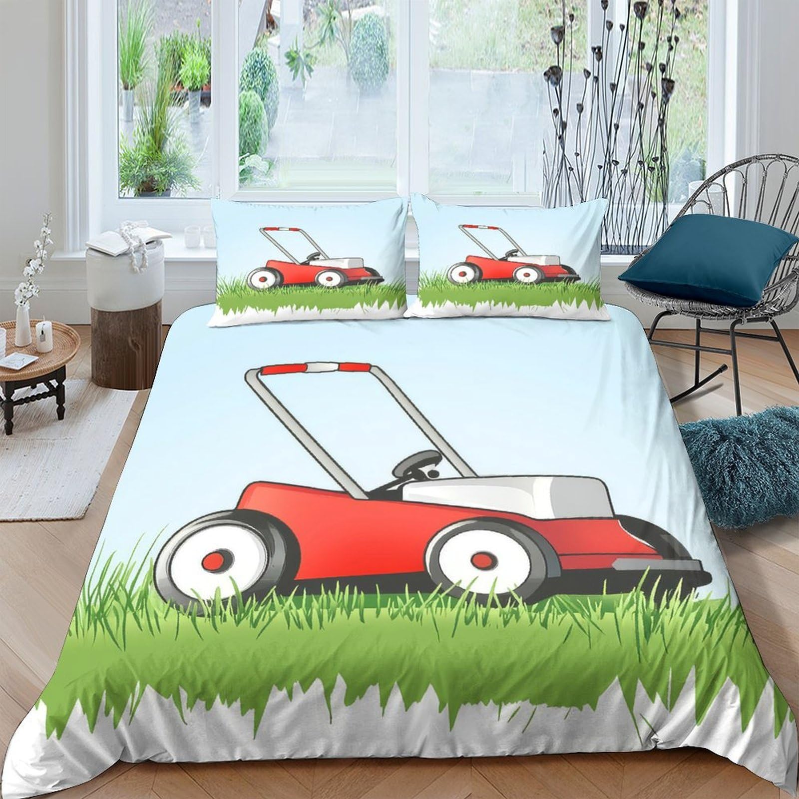 Ctjqhvkz Style-7 3D Printed Red Lawn Mower Fitted Sheet Microfiber Soft Bedroom Decor Cartoon Grass Mattress Cover For Home Dorm Room Single（135X200cm）