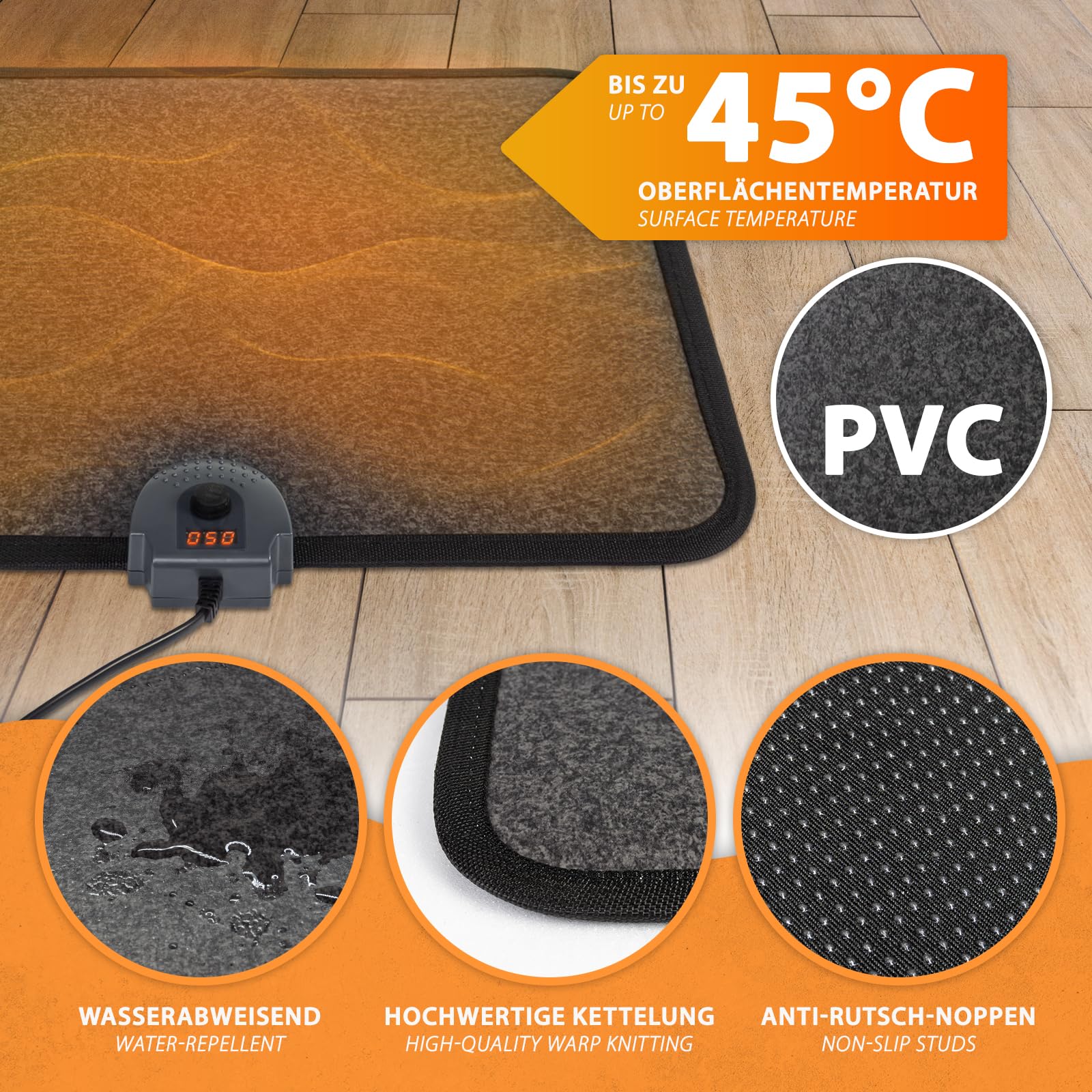 Mi-Heat Infrarot Heizmatte 40x50cm Fußschalter Thermostat 4 Heizstufen bis 45°C Temperatur fester 3 Stunden Timer rutschfeste Rückseite elektrischer PVC Heizteppich leicht zu reinigen