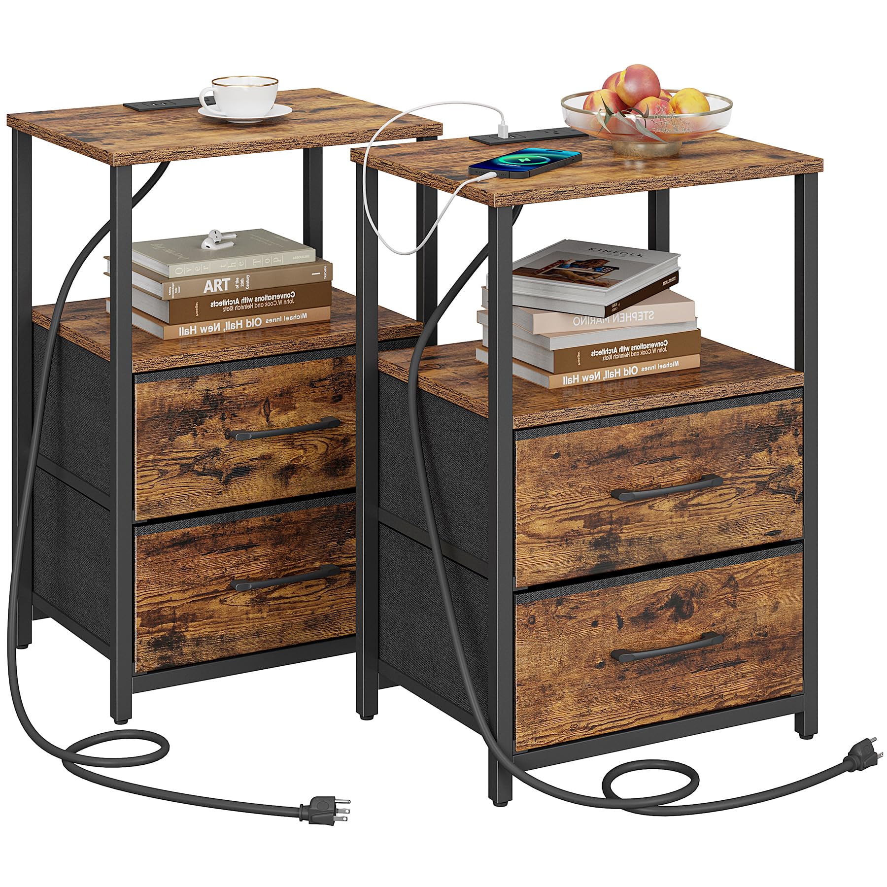 TUTOTAK Nightstands Set of 2, End Table with Charging Station