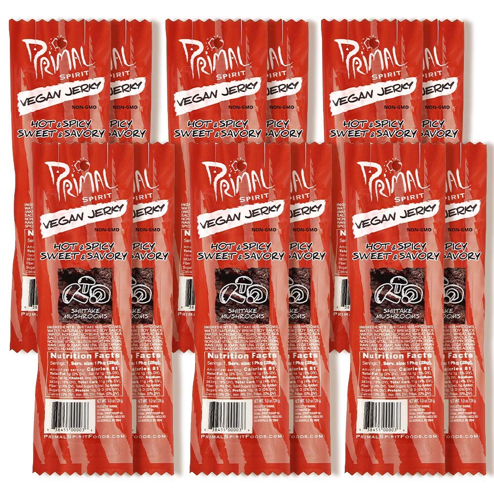 Primal Spirit Vegan Jerky “Shitake Mushroom” – “Classic Flavor” – Hot & Spicy-Sweet & Savory, 10 g. Plant Based Protein, Certified Non-GMO, No