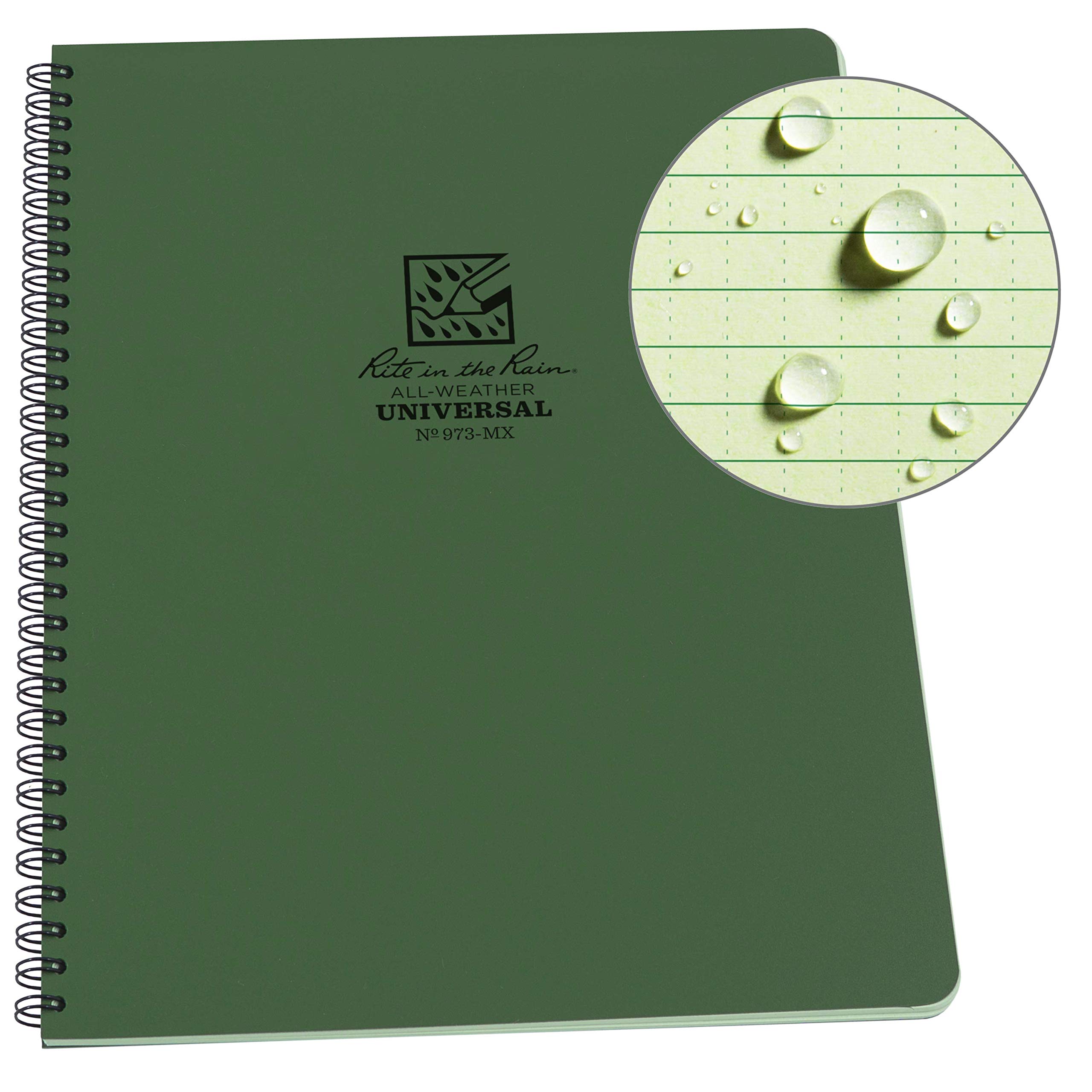 Rite In The Rain Waterproof Paper Side Spiral Notepad Green Polydura Cover 84 Pages 42 Sheets Imperial and Metric Rulers, 4 ⅝ x 7- Inch