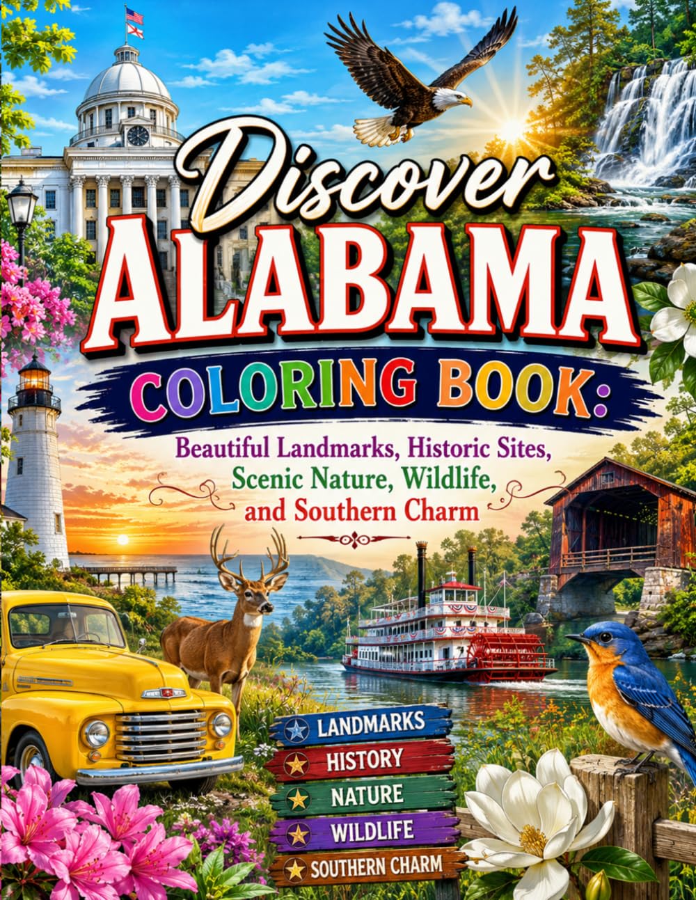 Discover Alabama Coloring Book: Beautiful Landmarks, Historic Sites, Scenic Nature, Wildlife, and Southern Charm