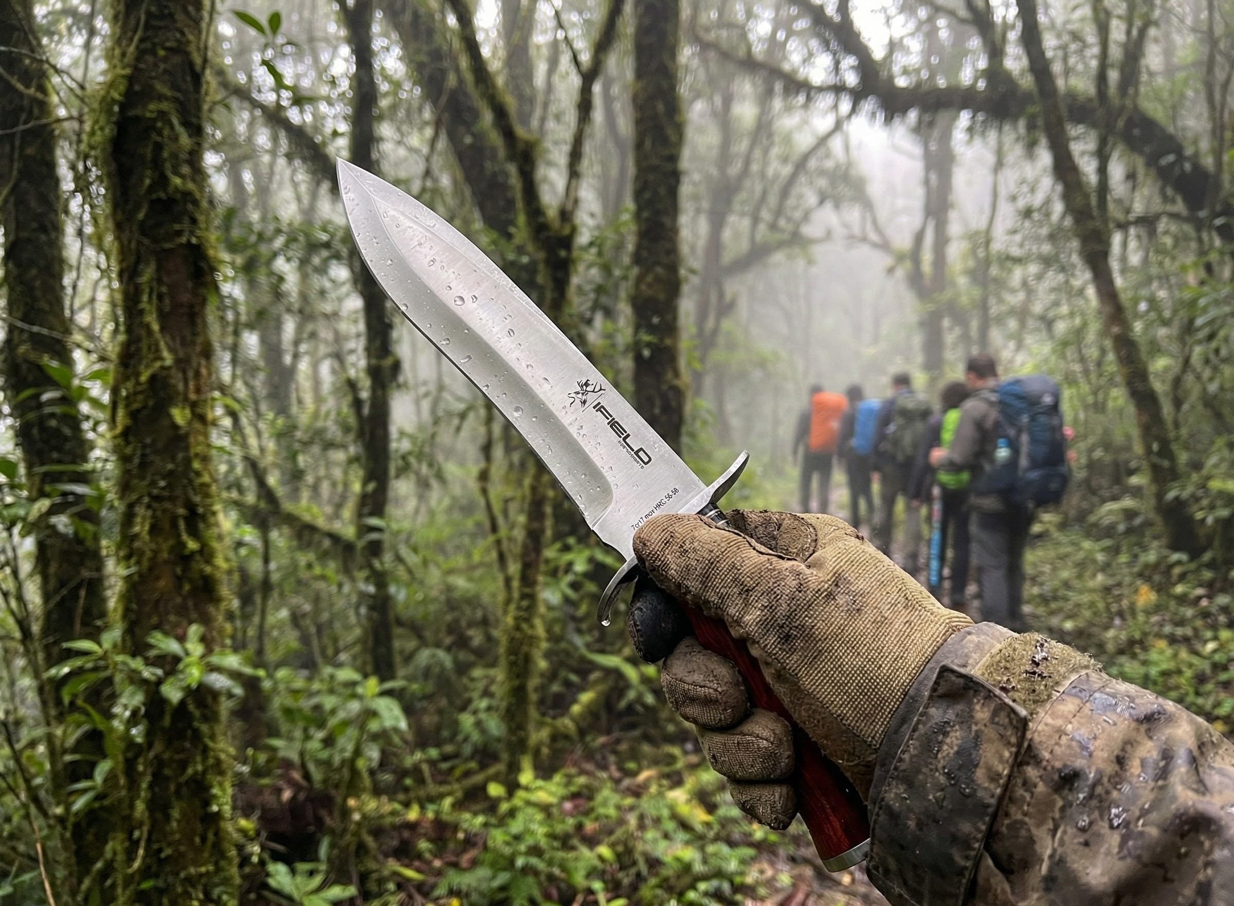 Cuchillo de caza deportivo iFIELD Camper EL29011, mango Stamina, total 37 cms, hoja 23,5 cms, virola acero, con funda de piel color marrón, herramienta de camping para pesca, caza, actividad deportiva